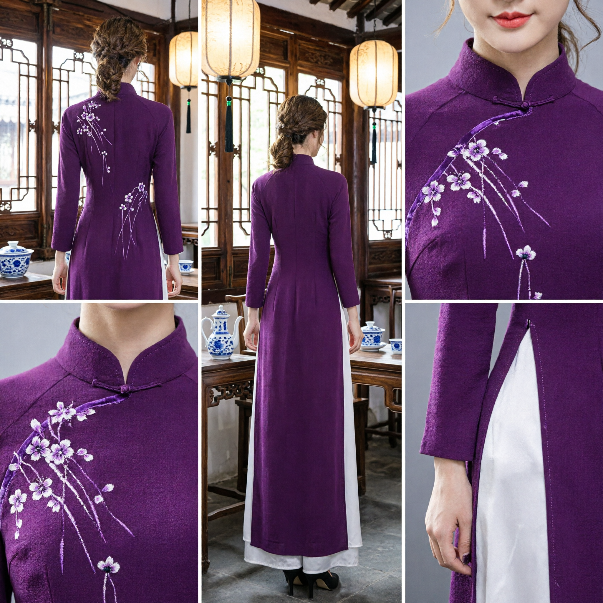 Women's Elegant Purple Traditional Asian Dress with Floral Embroidery Long Sleeve Cheongsam for Formal Events - Asian Costume