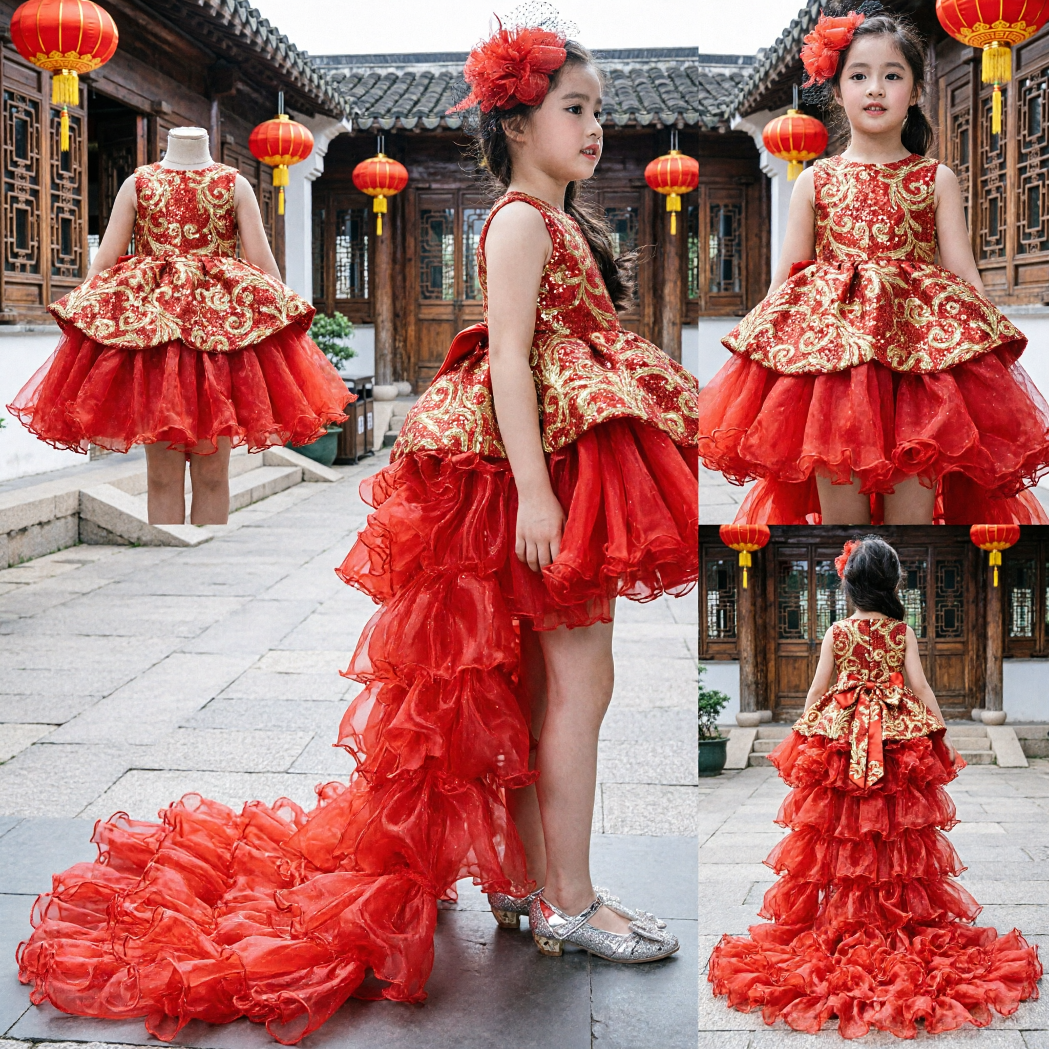 Kids Girls Red Chinese Wedding Dress Gold Embroidery Flower Girl Gown Long Train Traditional Party Costume - Asian Costume