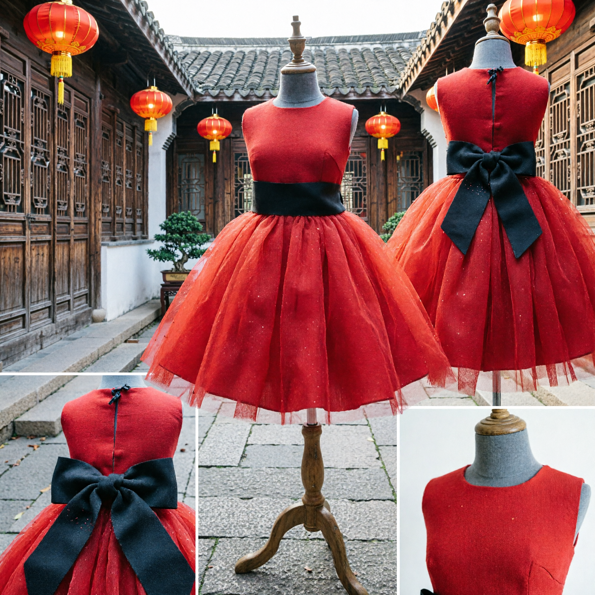 Girls Red Tulle Flower Girl Dress with Black Bow Formal Party Gown for Kids - Asian Costume