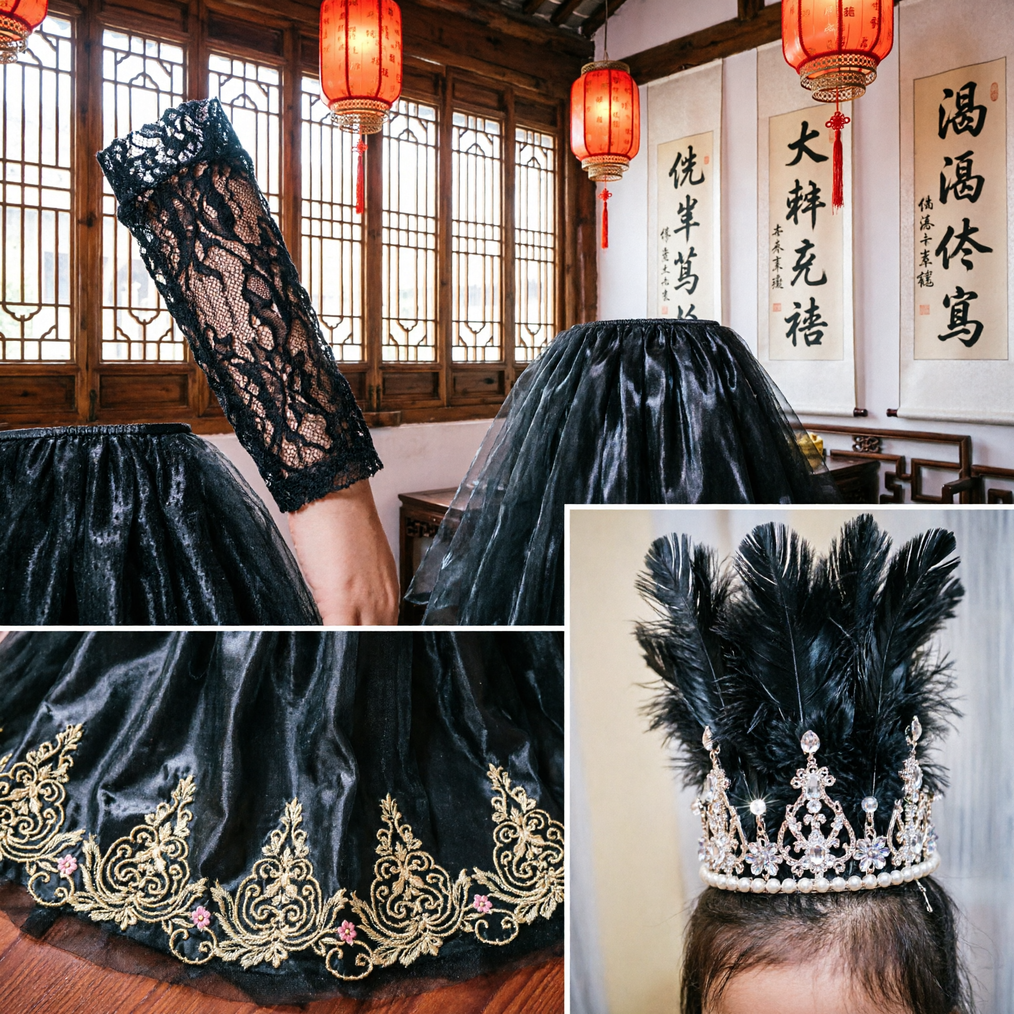 Elegant Black Queen Costume Dress for Girls with Feather Crown and Lace Sleeves for Halloween and Stage Performance - Asian Costume