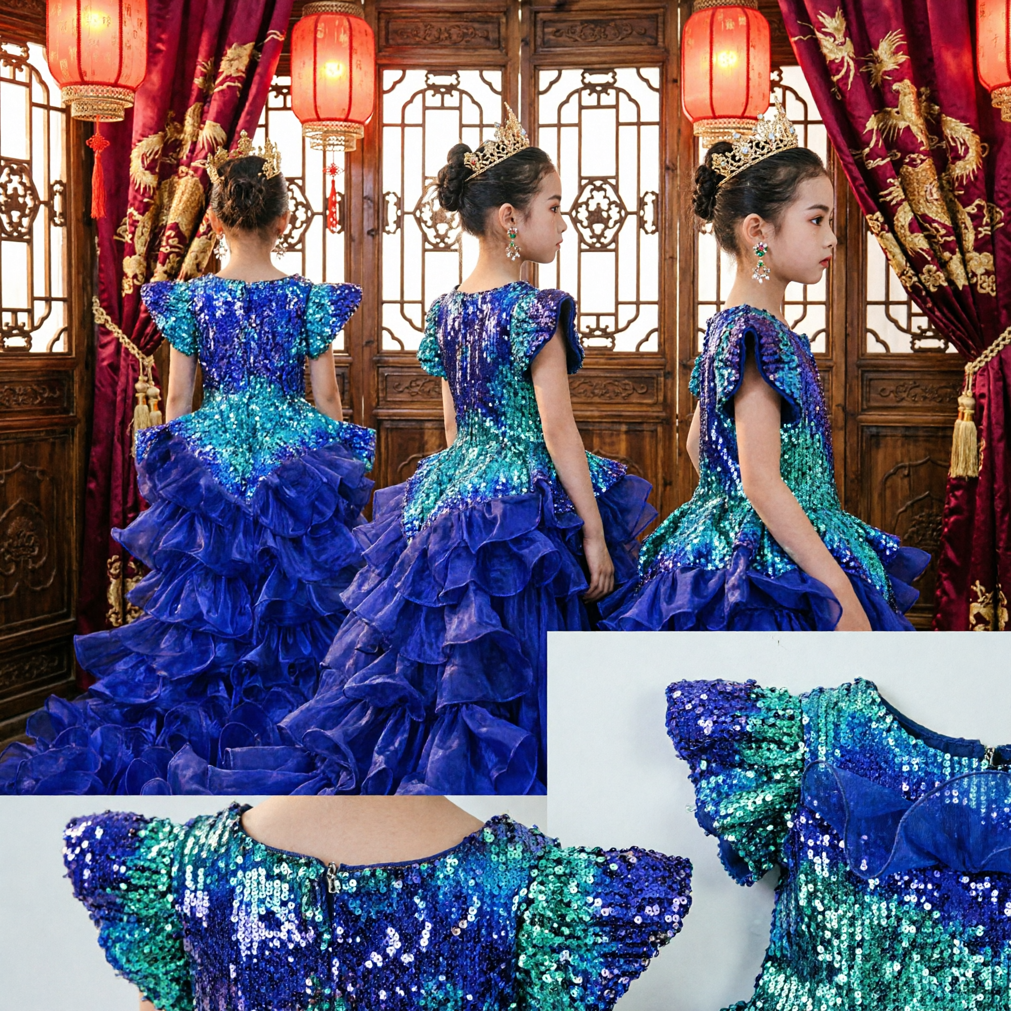 Royal Blue Sequined Ballgown with Ruffled Skirt for Kids Girls Stage Performance Pageant Costume - Asian Costume
