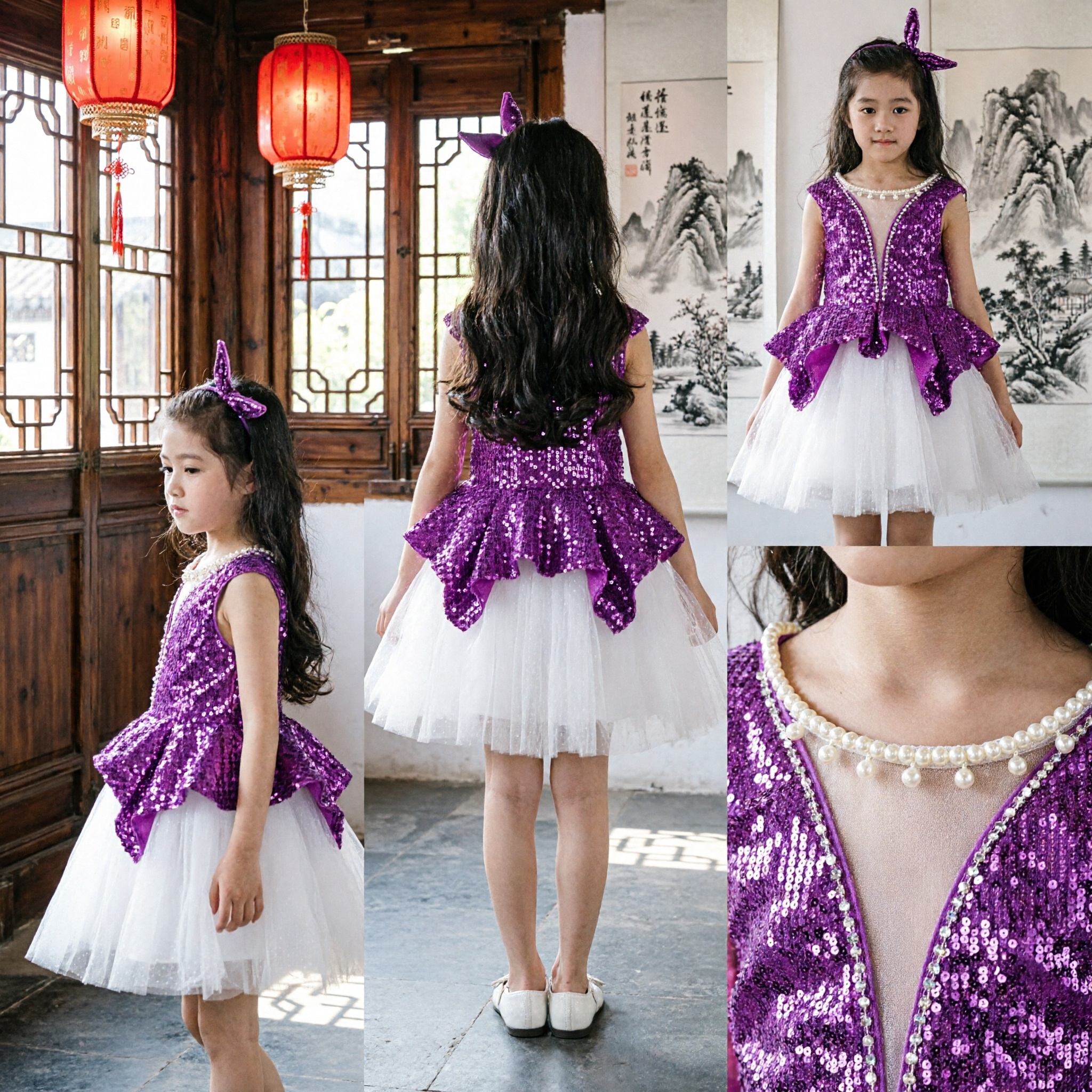 Girls Purple Sequin Peplum Vest and White Tulle Skirt Set for Stage Dance Performance Costume - Asian Costume