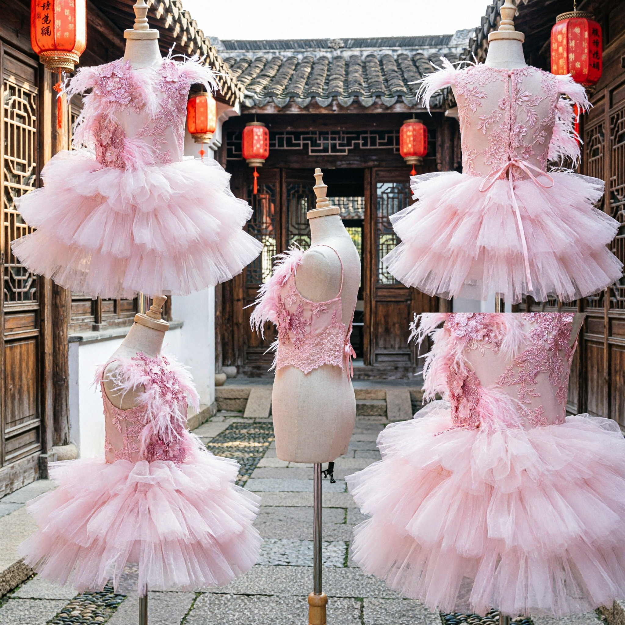 Pink Feather Sequin Bodice Tutu Dress for Girls Ballet Dance Performance Costume Party Wear - Asian Costume