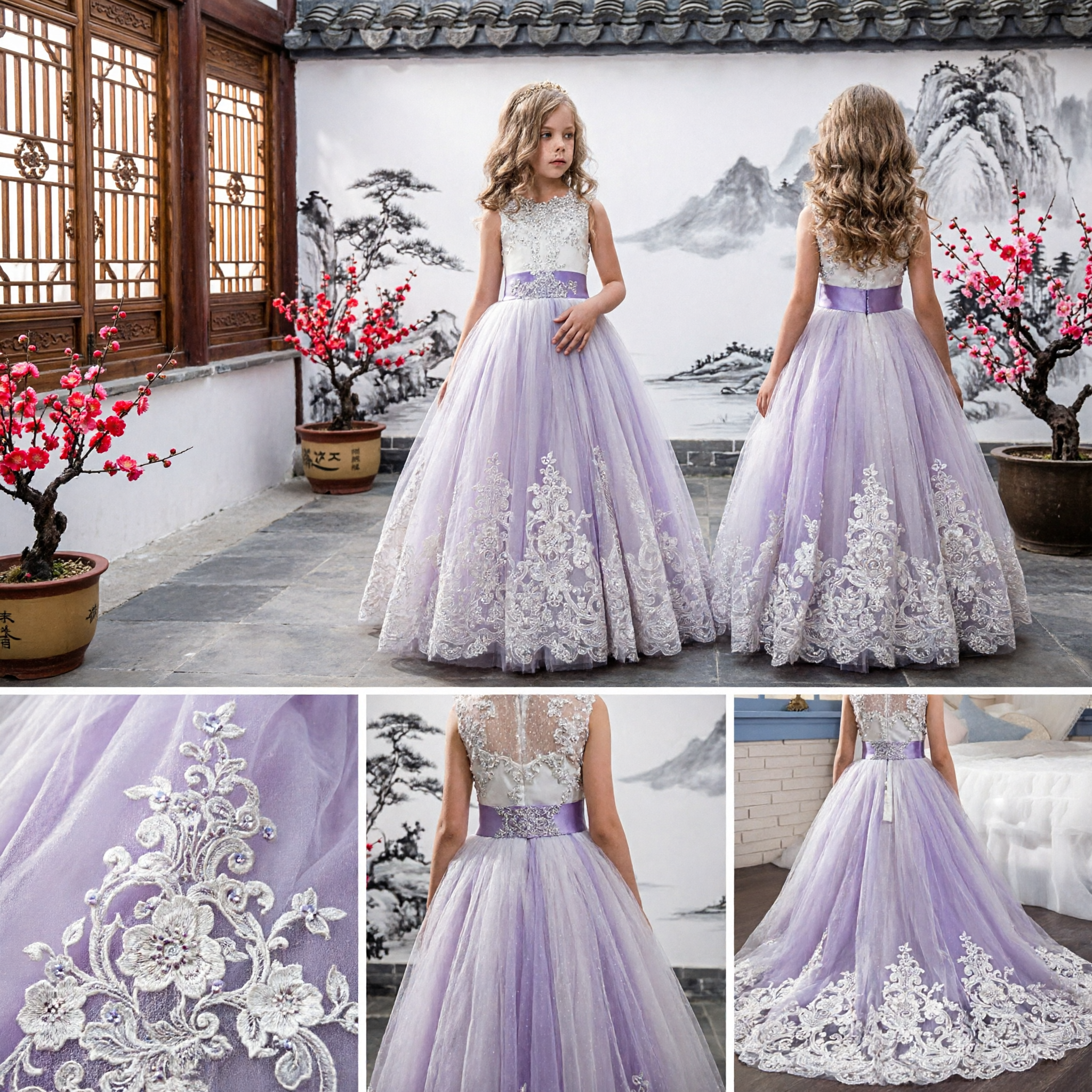 Elegant Purple Flower Girl Dress Long Tulle Lace Beaded Ball Gown for Kids Wedding Party - Asian Costume