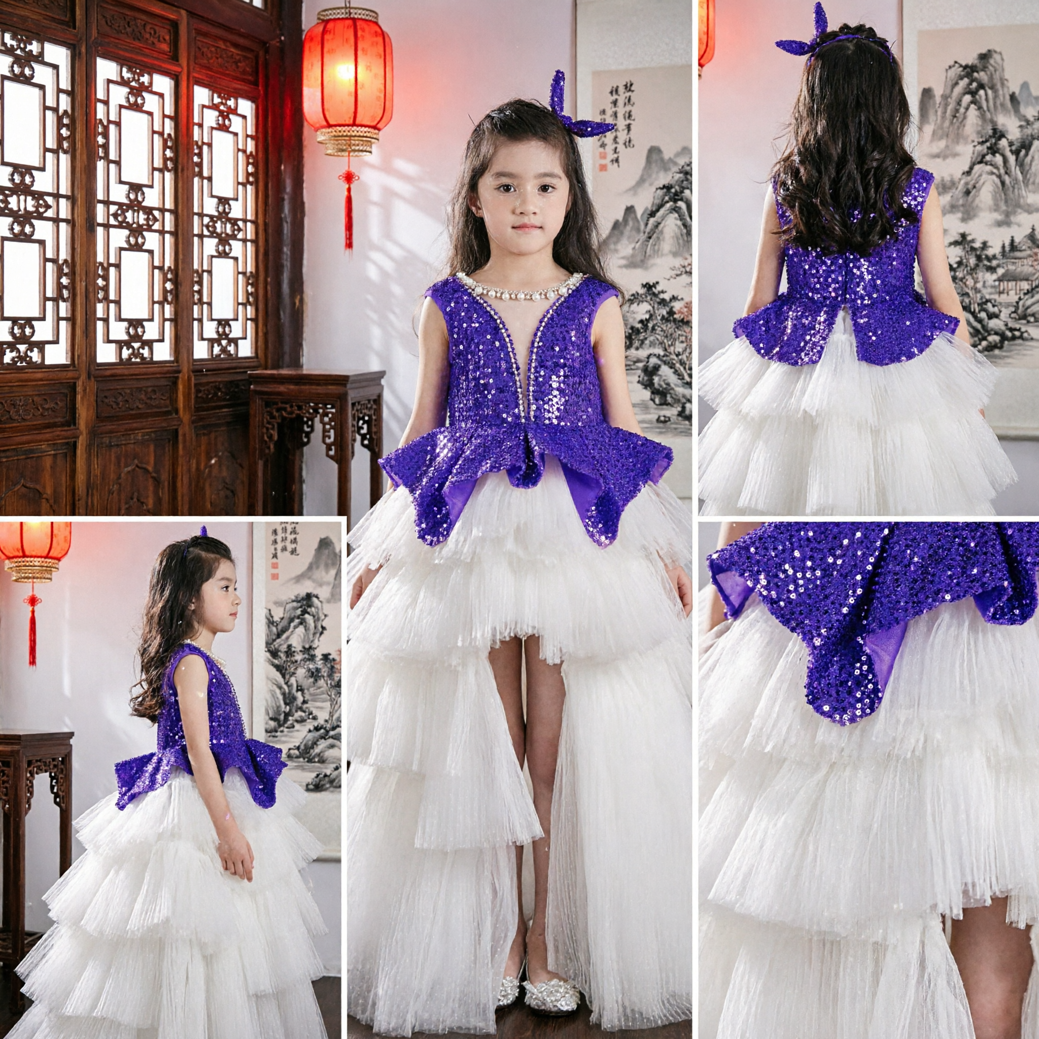 Girls Purple Sequin Bodice White Tiered Tulle Skirt Stage Performance Hostess Gown for Kids Formal Events - Asian Costume