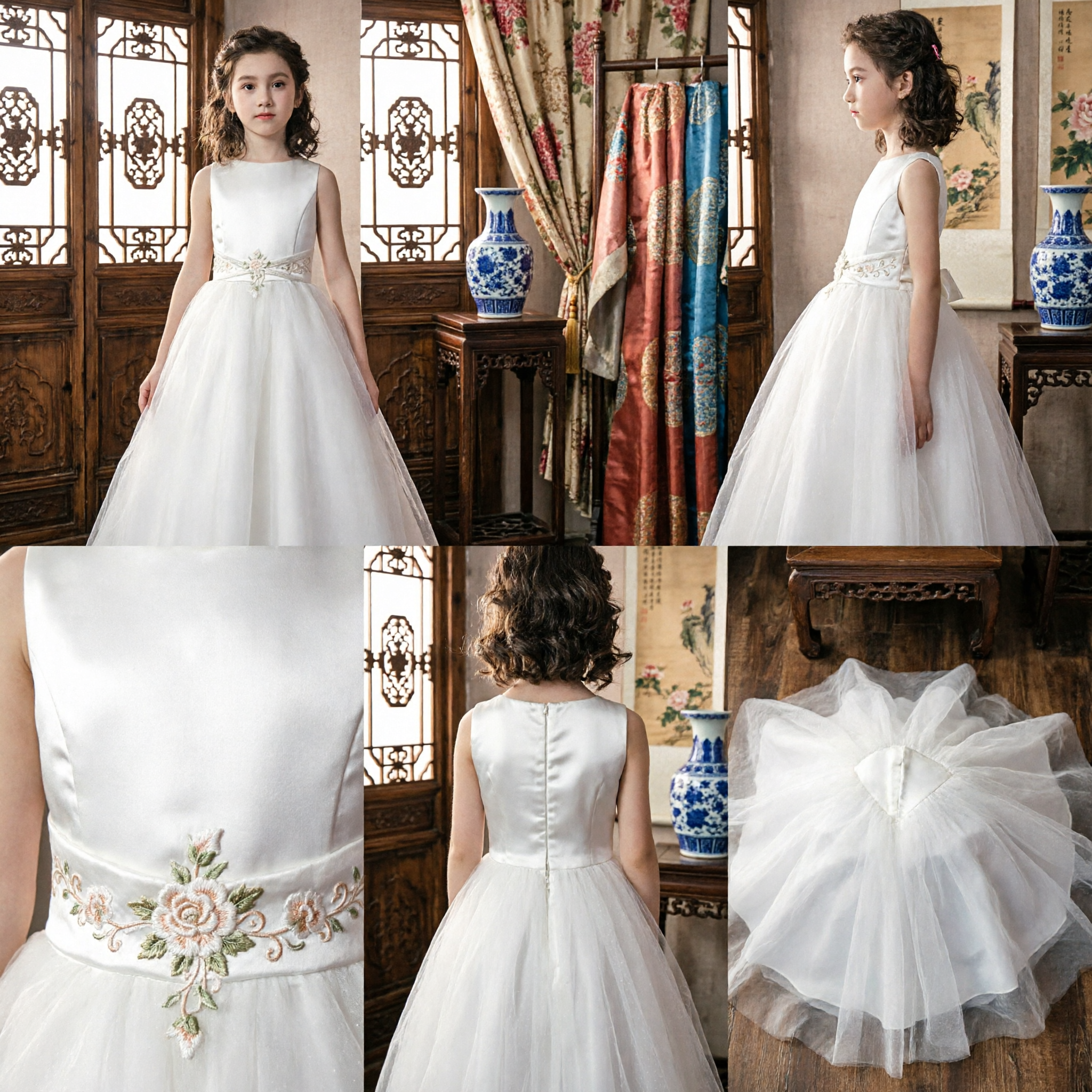 Elegant White Long Flower Girl Dress Sleeveless A-Line Gown for Kids Wedding First Communion - Asian Costume