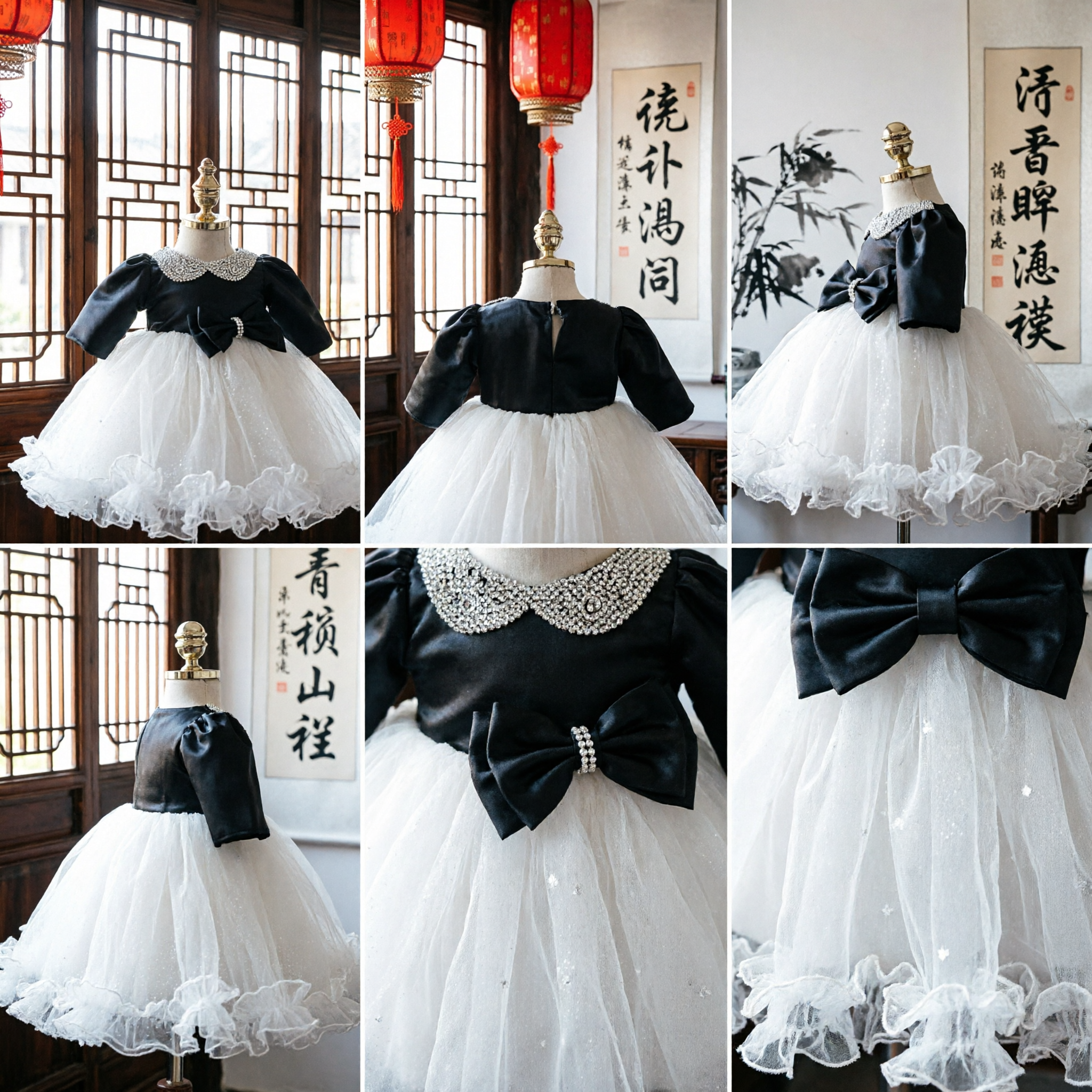Toddler Girl Formal Dress Black Velvet Long Sleeve Rhinestone Collar White Tulle Skirt for Wedding Party - Asian Costume
