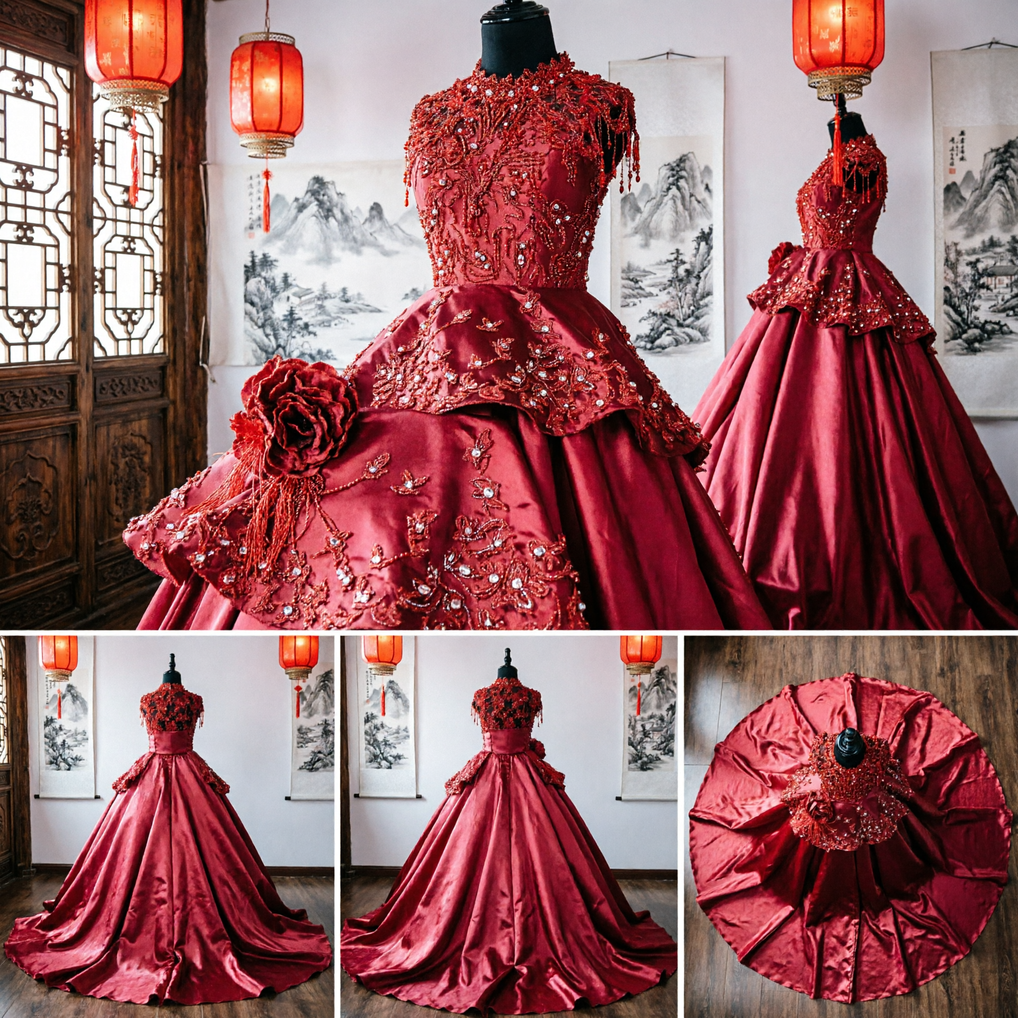 Traditional Chinese Red Wedding Dress with Intricate Floral Embroidery and Beaded Bodice for Elegant Bridal Ceremony - Asian Costume