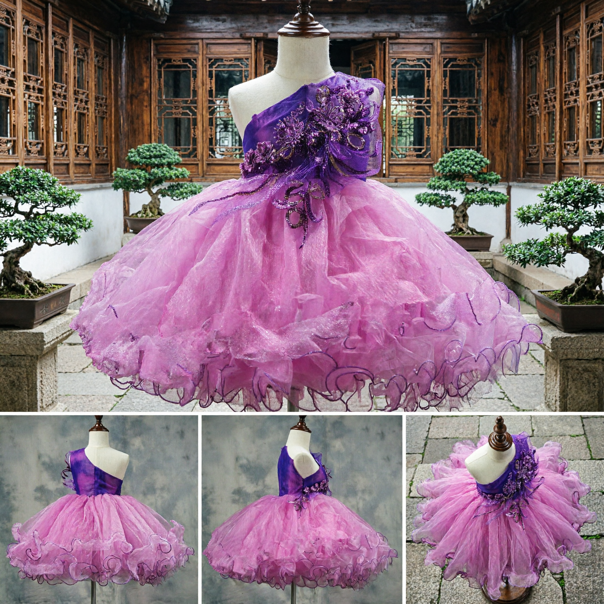 Girls Purple One Shoulder Sequin Bodice Pink Tulle Tutu Ball Gown Dress for Stage Performance Party - Asian Costume