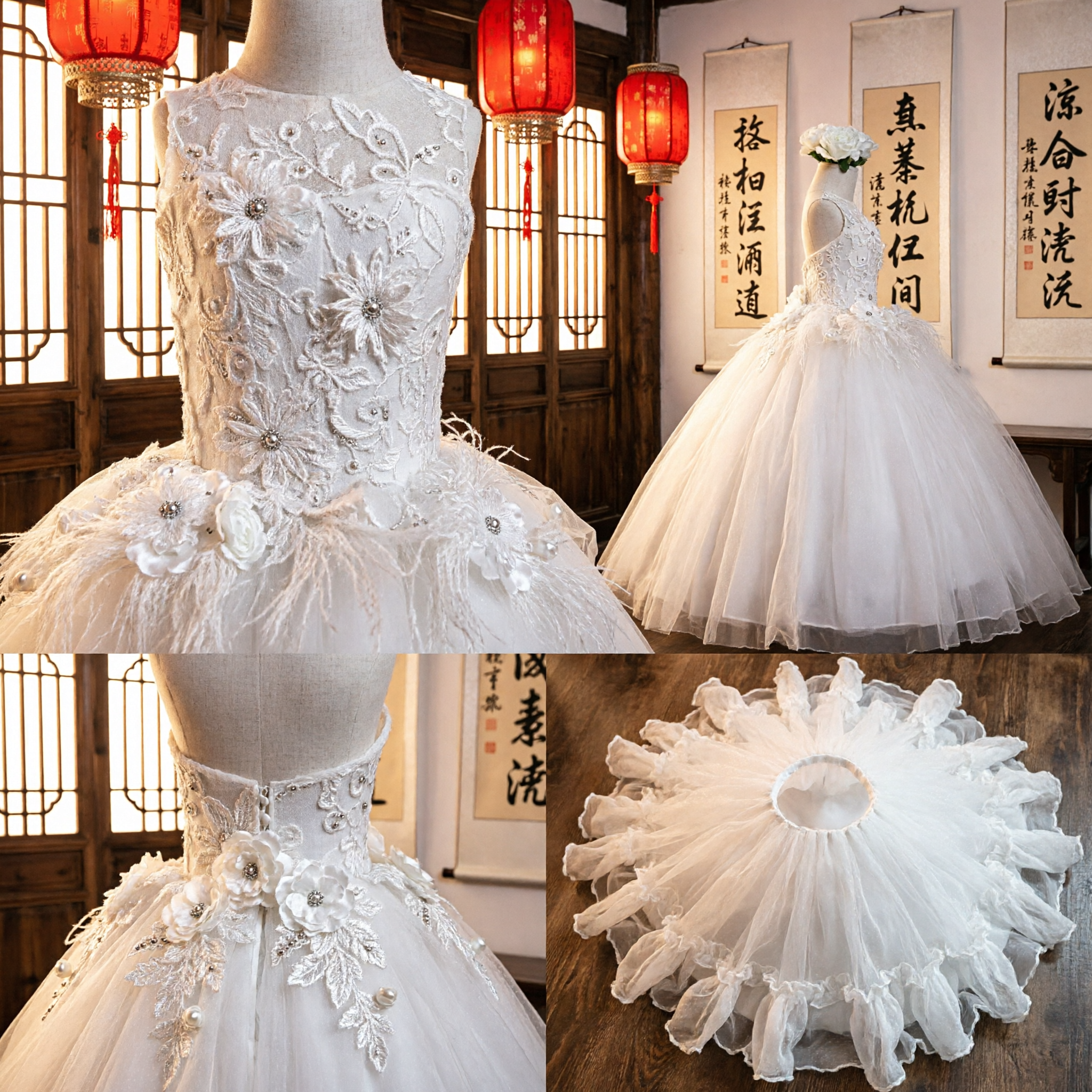 Elegant White Flower Girl Dress Princess Ball Gown with Floral Applique for First Communion Wedding Pageant - Asian Costume