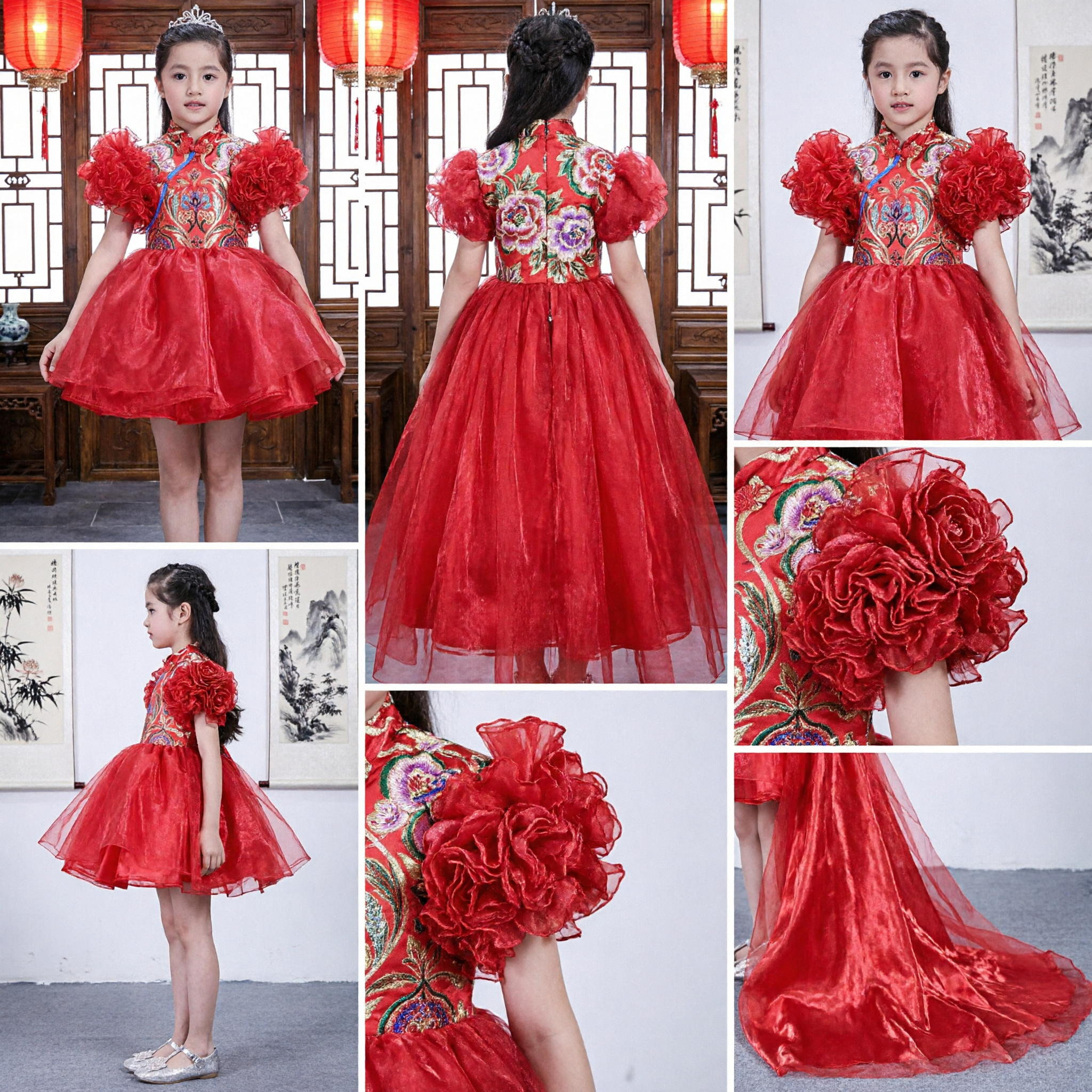 Elegant Red Traditional Chinese Cheongsam Dress for Kids Wedding Flower Girl Formal Party Gown - Asian Costume