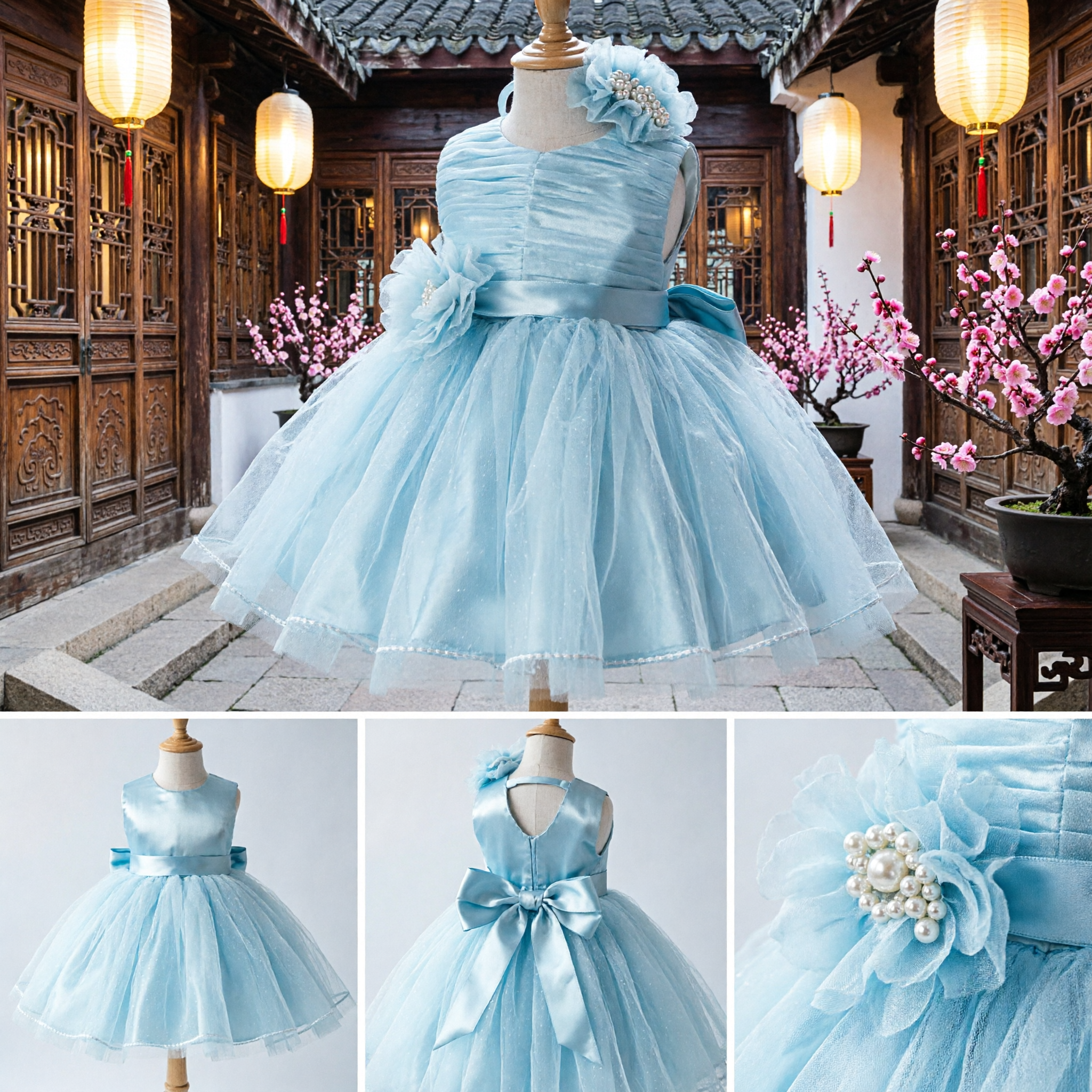 Light Blue Flower Girl Dress Toddler Princess Tulle Gown for Wedding Birthday Party Formal Event - Asian Costume