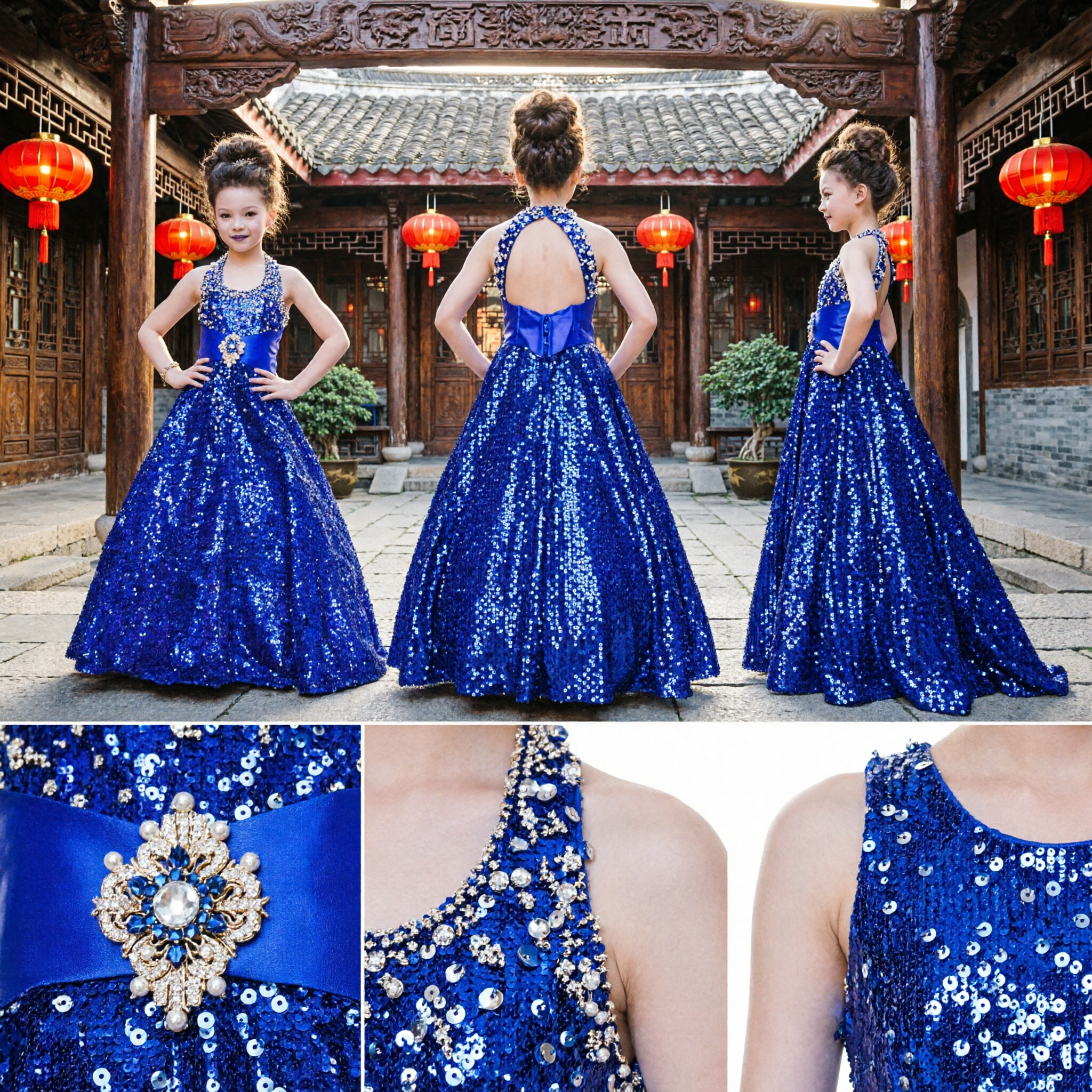 Royal Blue Sequin Long Gown for Kids Girls Formal Stage Performance Hosting Evening Party Dress - Asian Costume