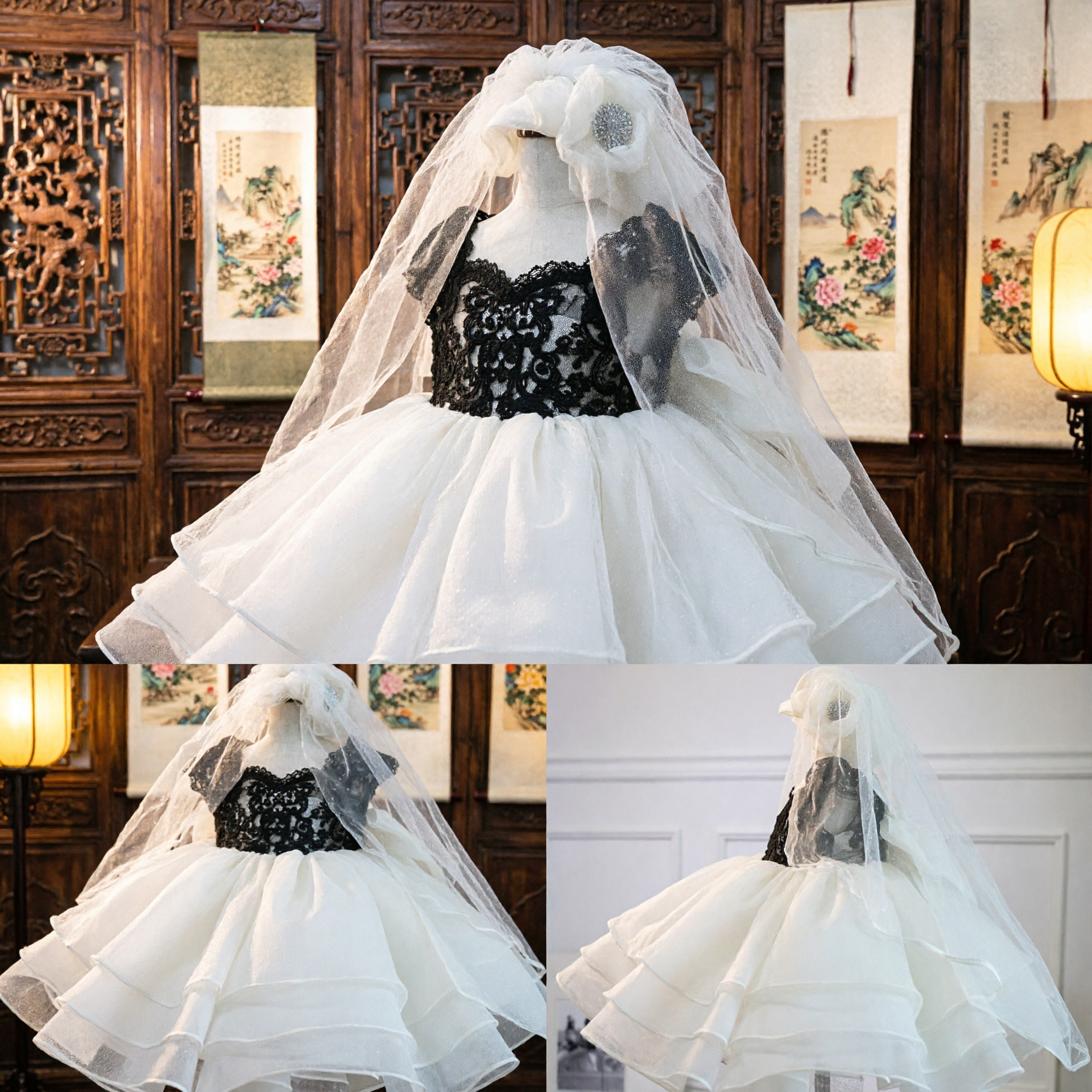 Elegant White Flower Girl Dress with Black Lace Bodice, Tiered Ruffle Skirt and Matching Floral Headpiece - Asian Costume