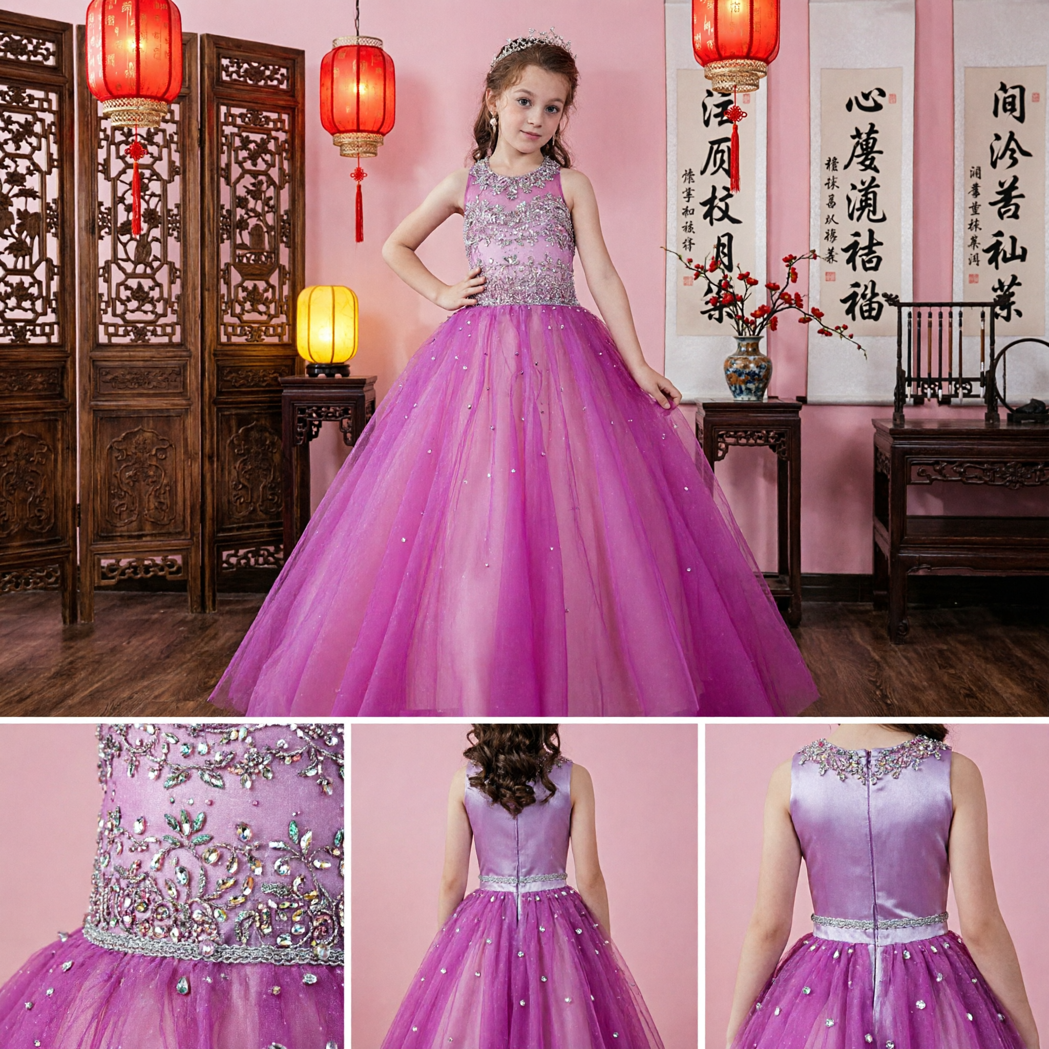Girls Pink Formal Ballgown with Sequined Bodice and Tulle Skirt for Flower Girl Wedding Pageant Dress - Asian Costume