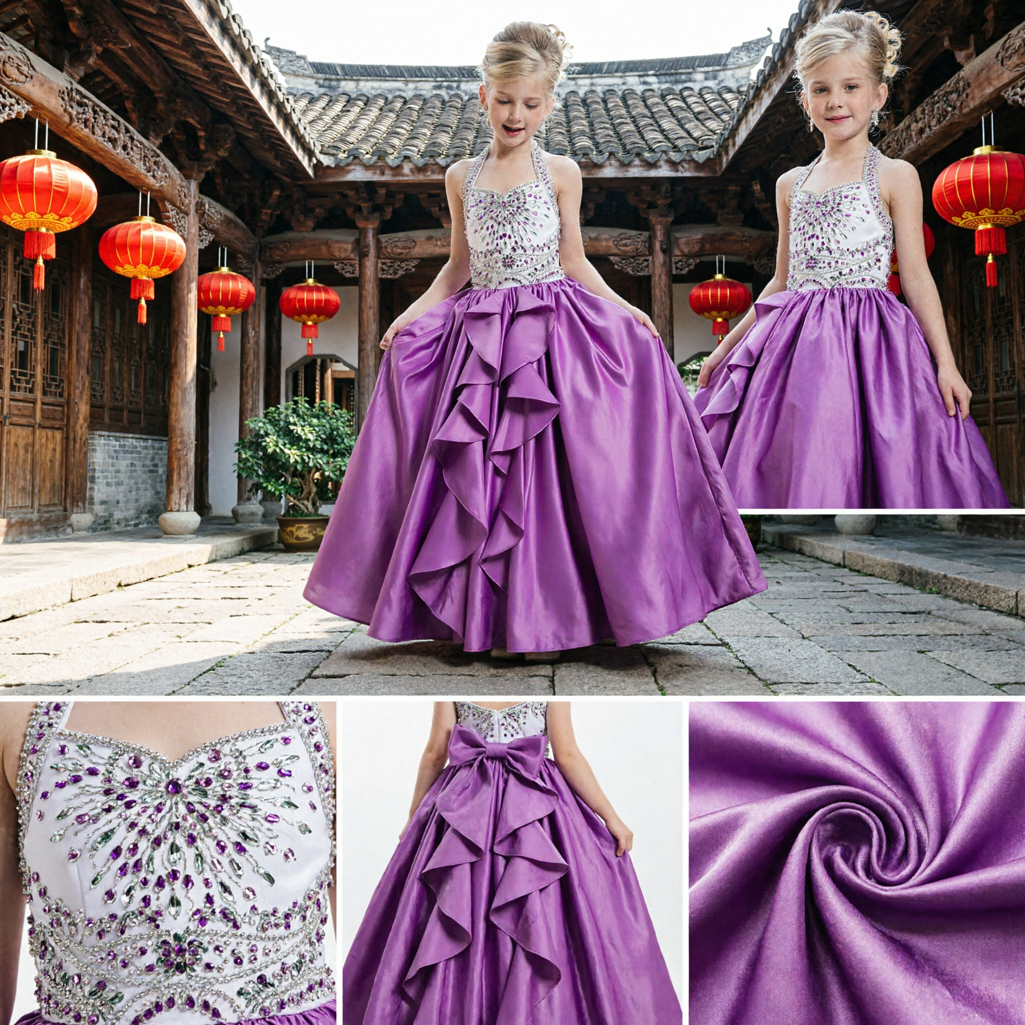Purple Halter Rhinestone Flower Girl Dress Pageant Gown for Kids Wedding Formal Party Ball Gown - Asian Costume