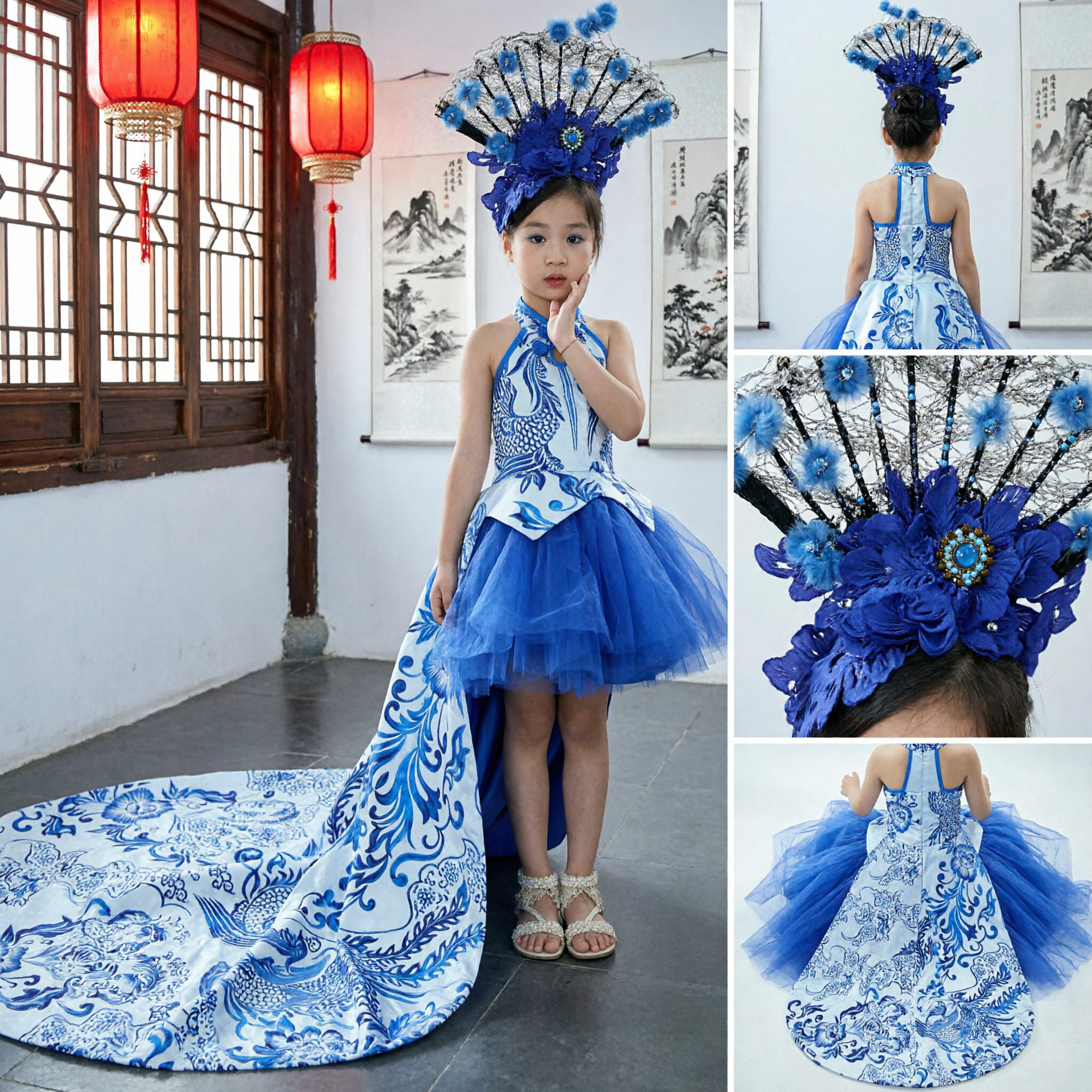Girls Blue and White Porcelain Peacock Stage Costume Long Train Performance Dress with Feather Headpiece - Asian Costume