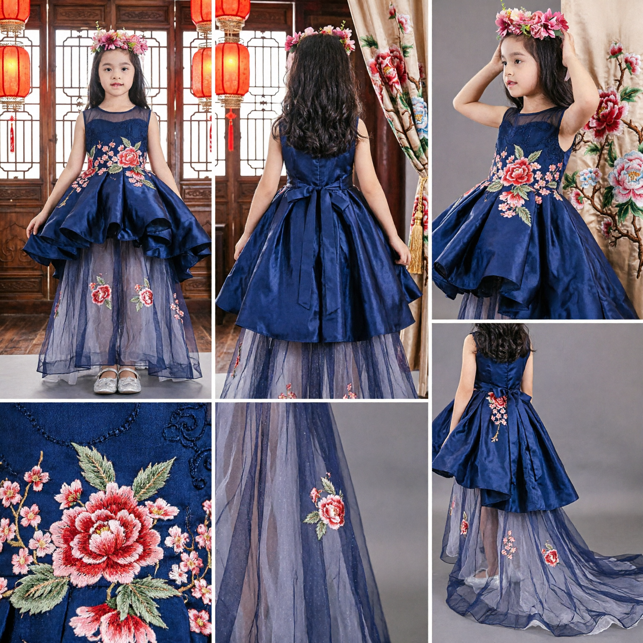Navy Blue Floral Embroidery Princess High-Low Gown for Girls Flower Girl Wedding Party Dress - Asian Costume