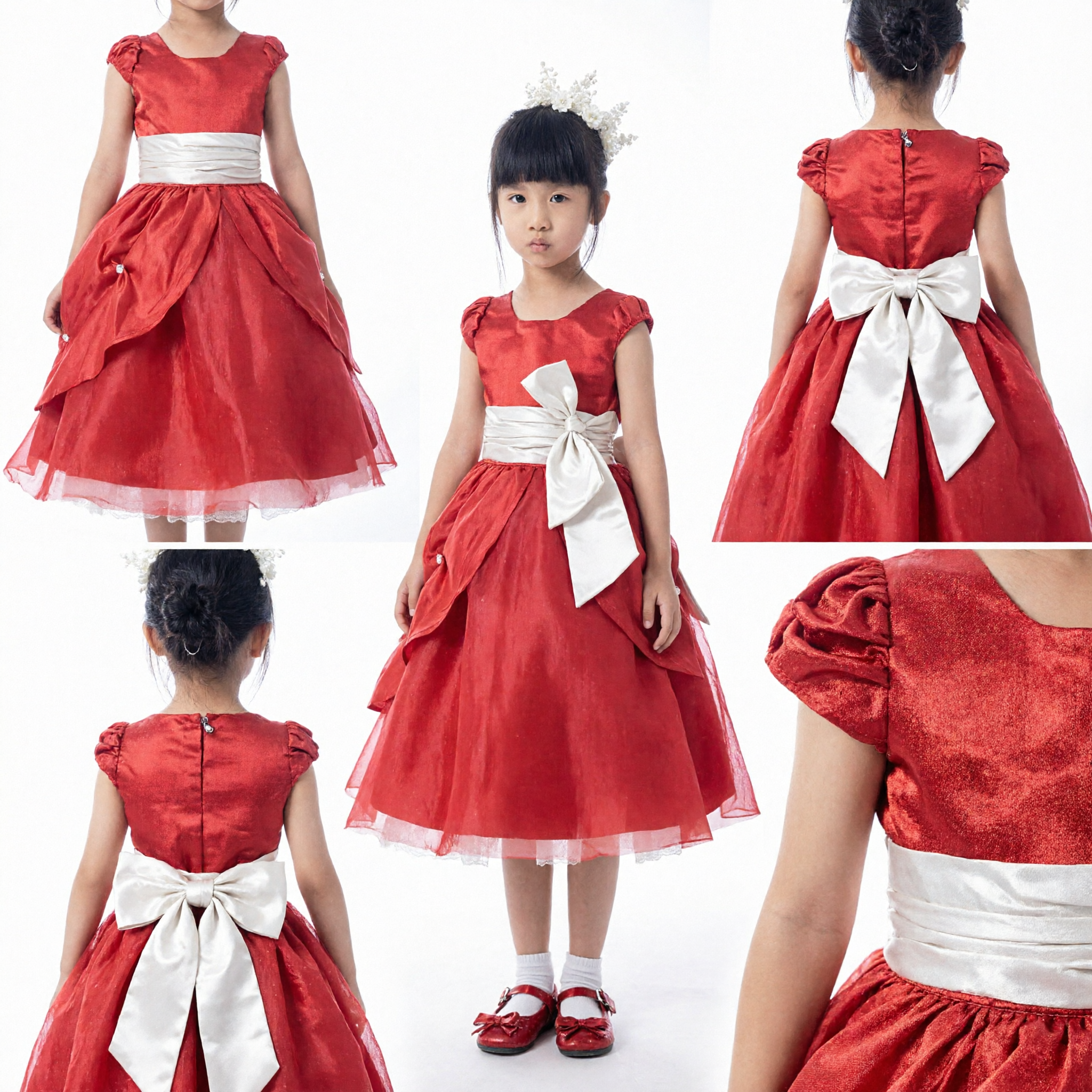Elegant Red Princess Ball Gown for Girls Flower Girl Wedding Party Formal Dress with Sash - Asian Costume