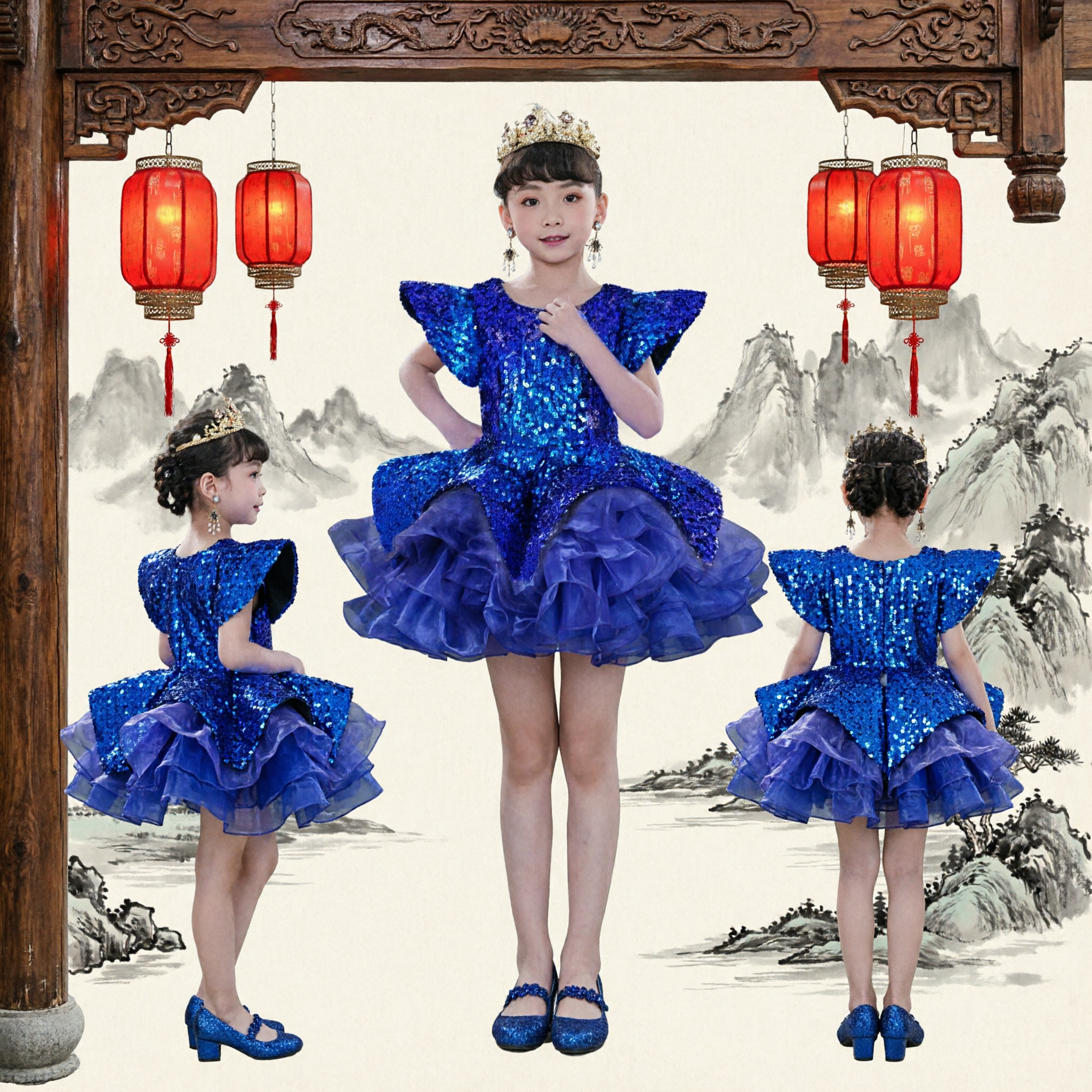 Royal Blue Sequin Stage Performance Dress for Girls Kids Dance Pageant Host Costume Gown - Asian Costume