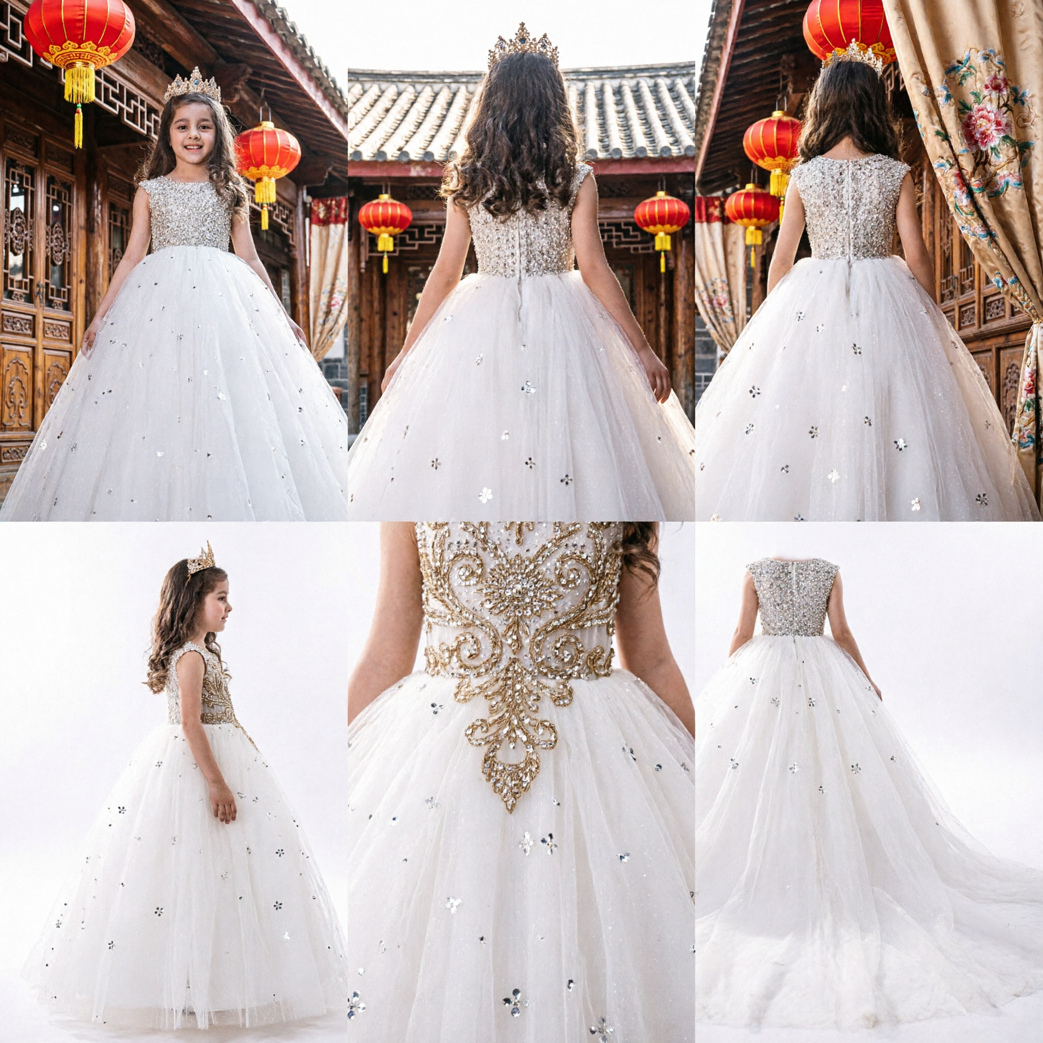 Elegant White Tulle Princess Dress for Girls Wedding Flower Girl Pageant Gown with Sequin Bodice - Asian Costume