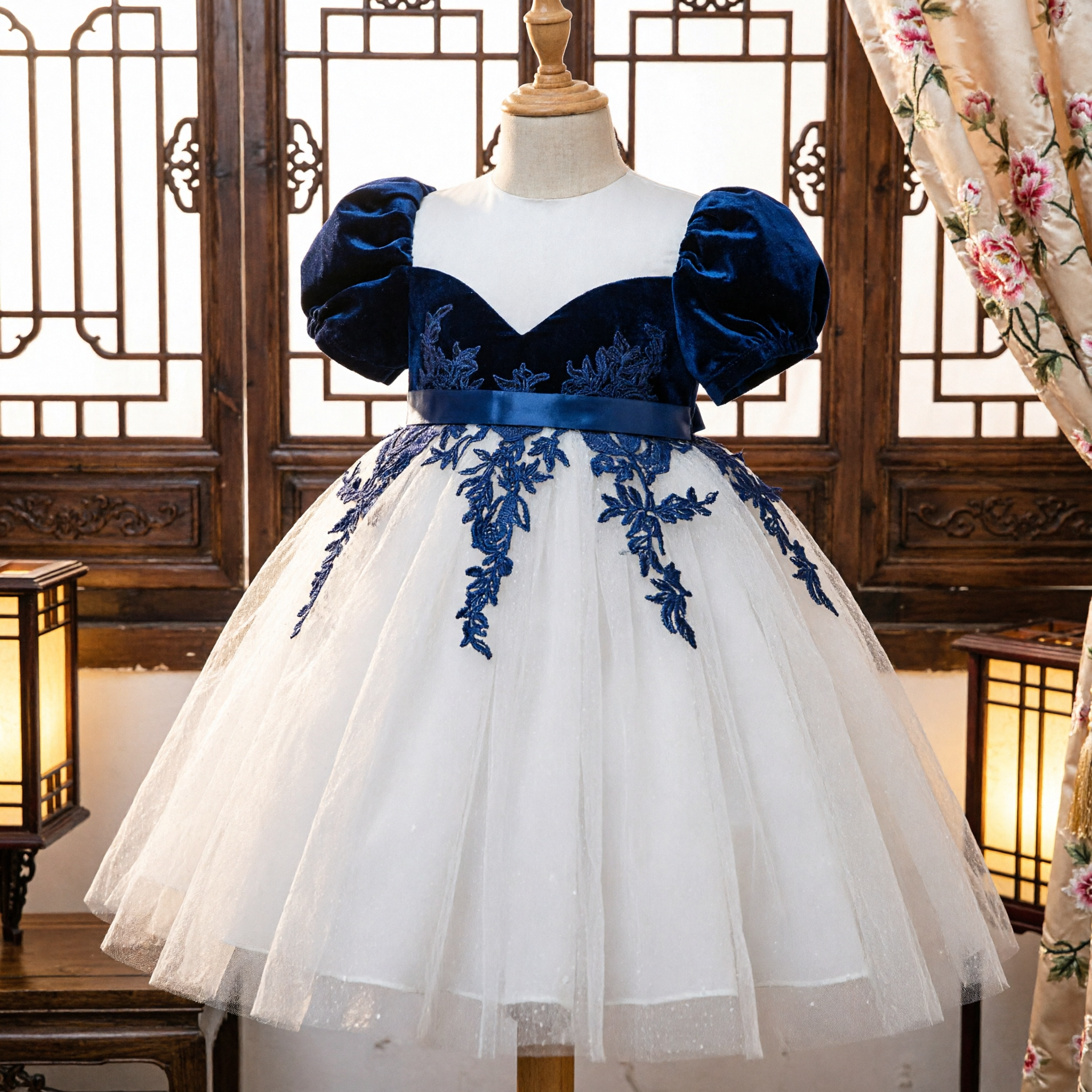 Elegant Navy Blue Velvet Bodice Flower Girl Dress with White Tulle Skirt and Floral Embroidery for Kids - Asian Costume