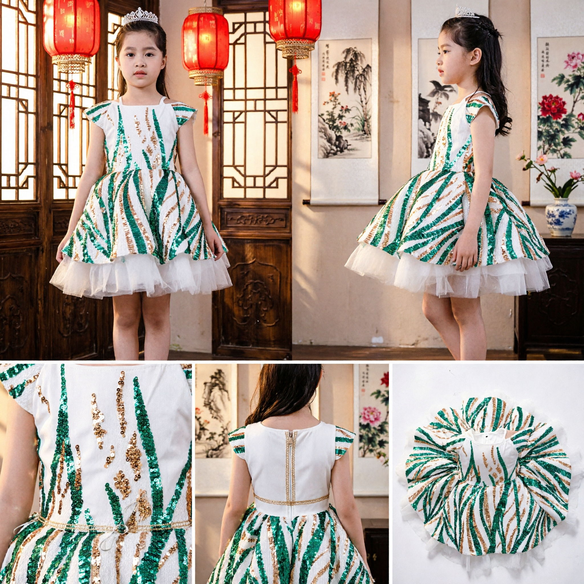 Girls Green and Gold Sequin Stage Performance Dress for Modern Dance Recital and Choir Singing - Asian Costume