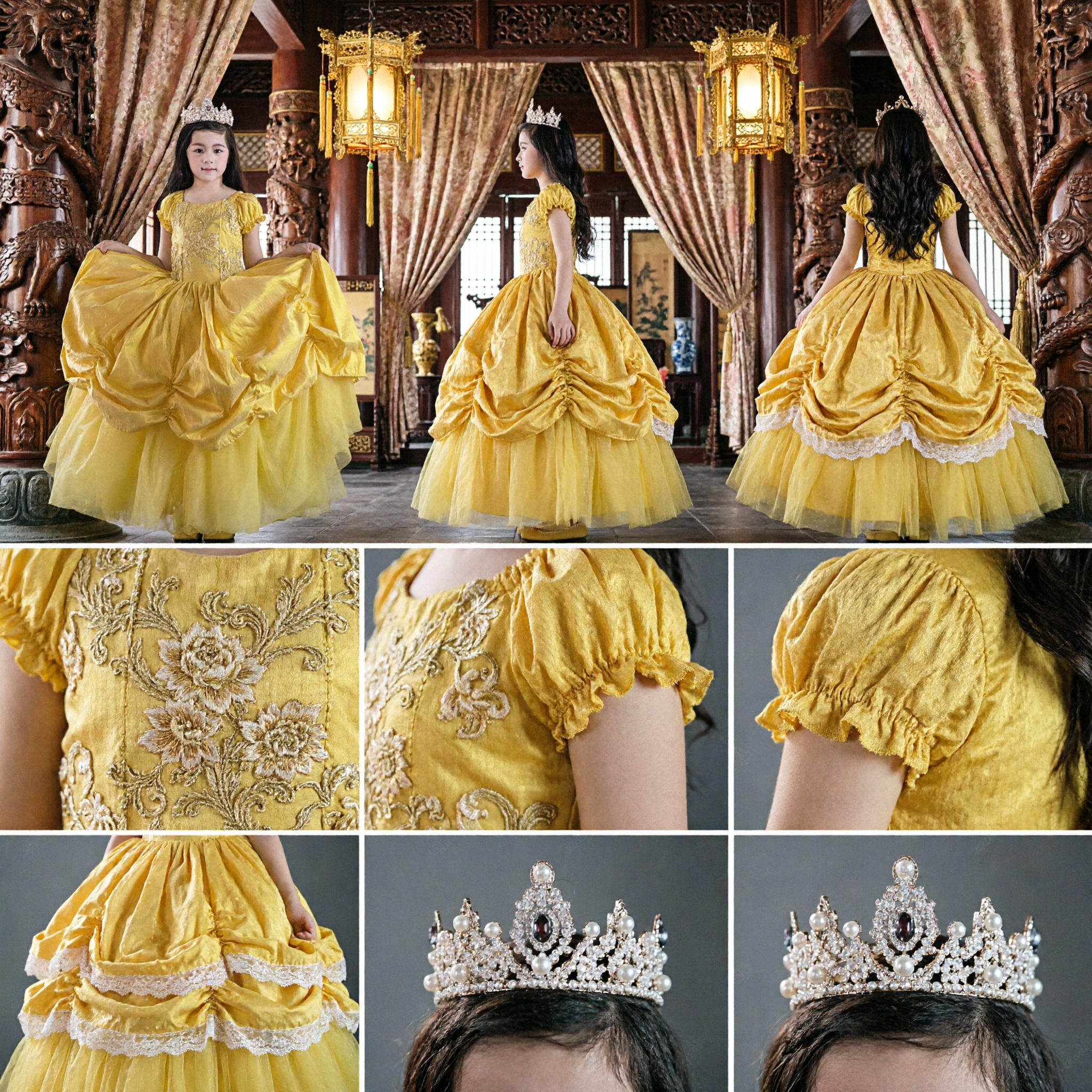Girls Yellow Princess Ball Gown Costume Beauty and the Beast Belle Dress for Kids Halloween Party - Asian Costume