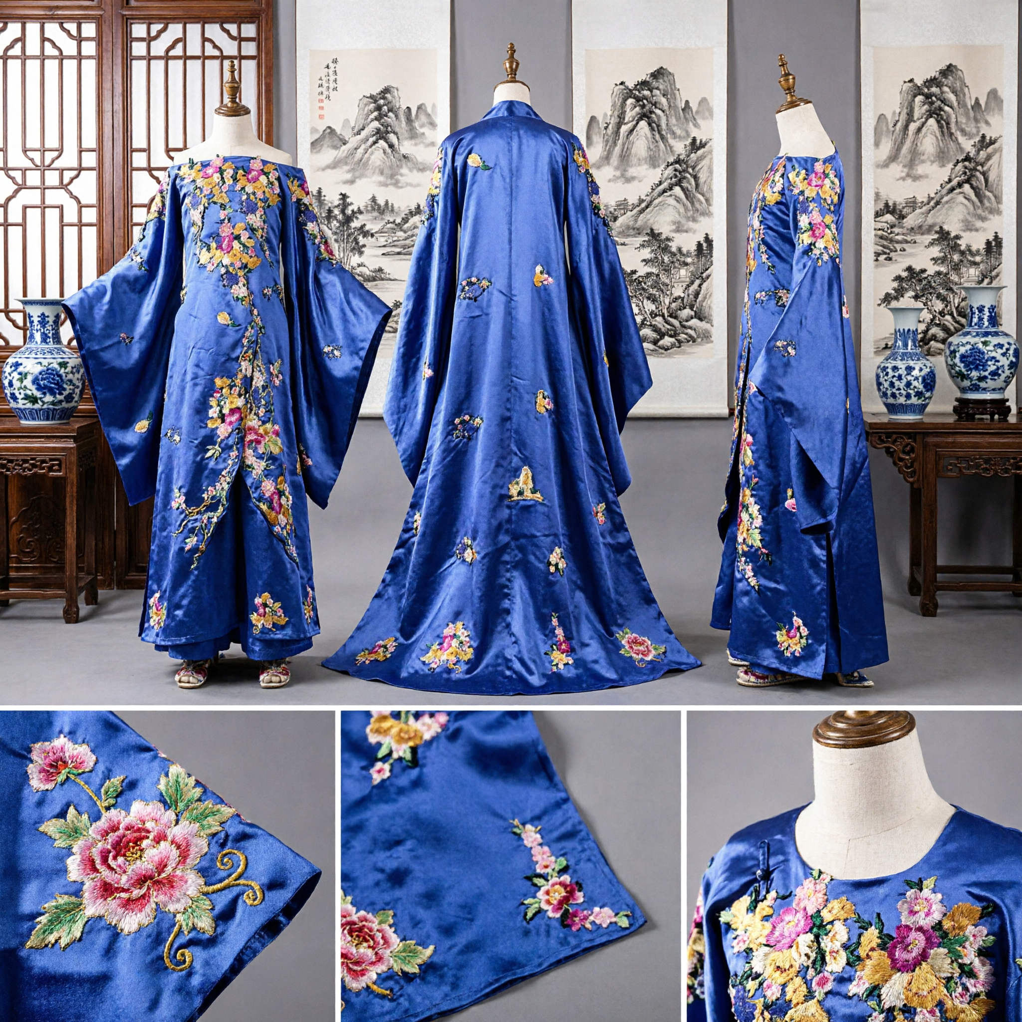 Traditional Chinese Blue Silk Embroidered Floral Cape Robe Women Hanfu Ancient Costume Stage Performance - Asian Costume