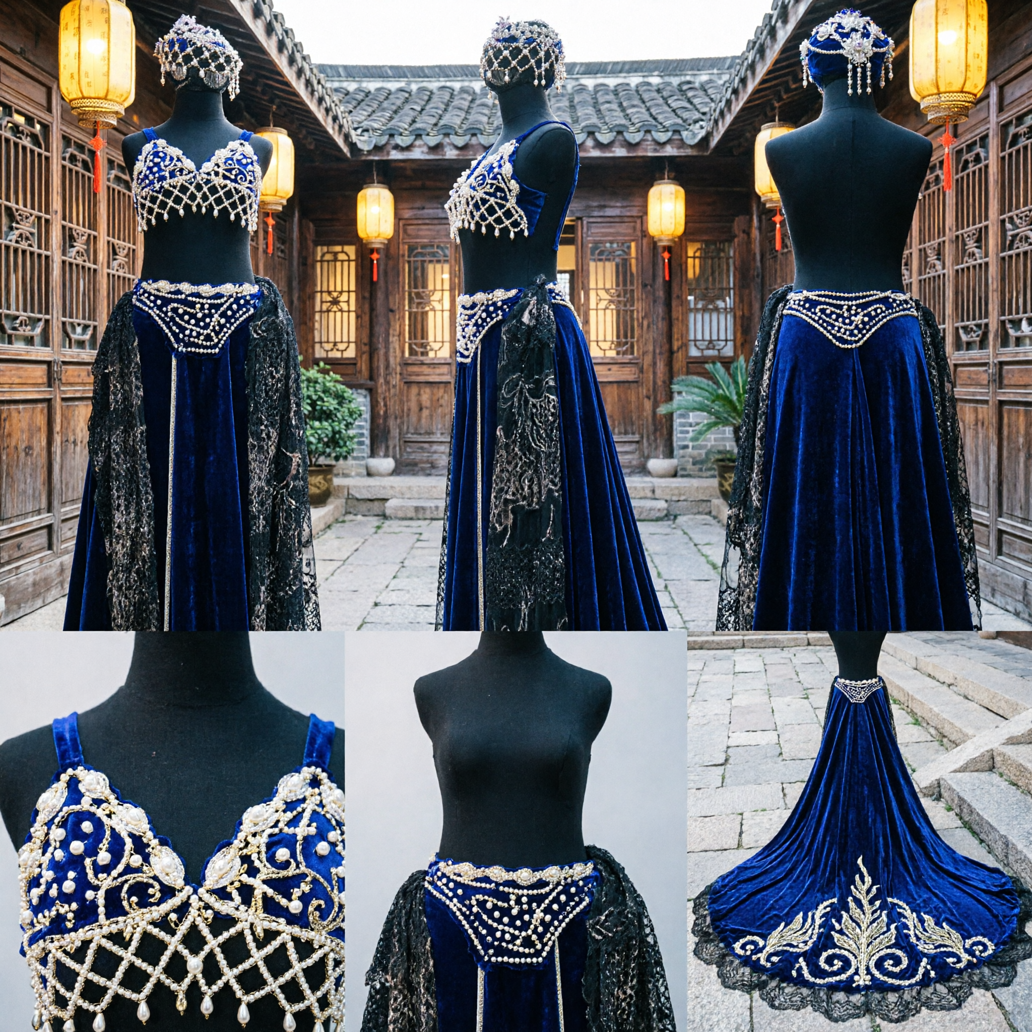 Women's Black Rhinestone Belly Dance Costume with Net Headpiece and Sparkly Sheer Train Skirt for Stage Performance - Asian Costume