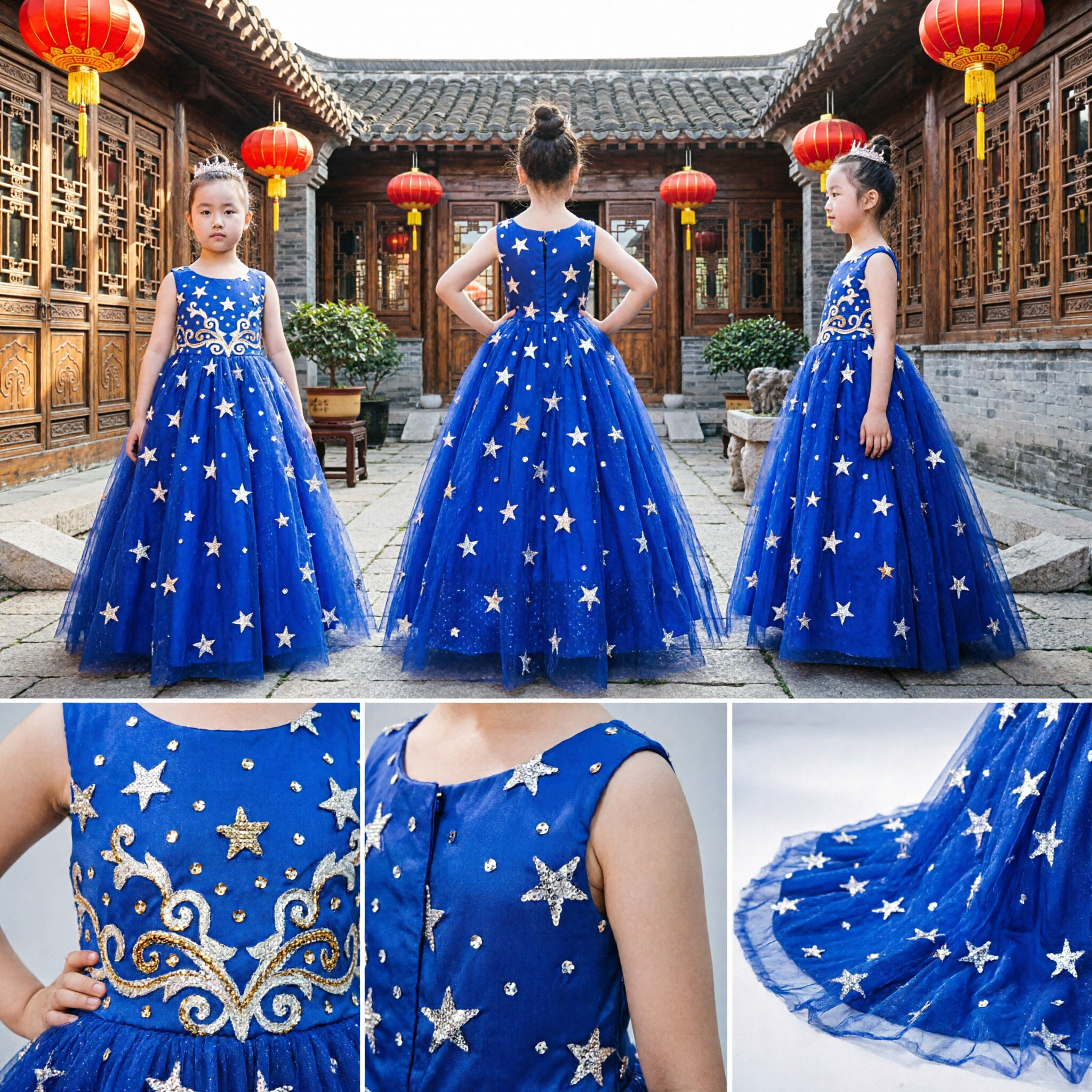 Sparkly Royal Blue Star Print Kids Pageant Dress Girls Formal Evening Gown Runway Ballgown - Asian Costume