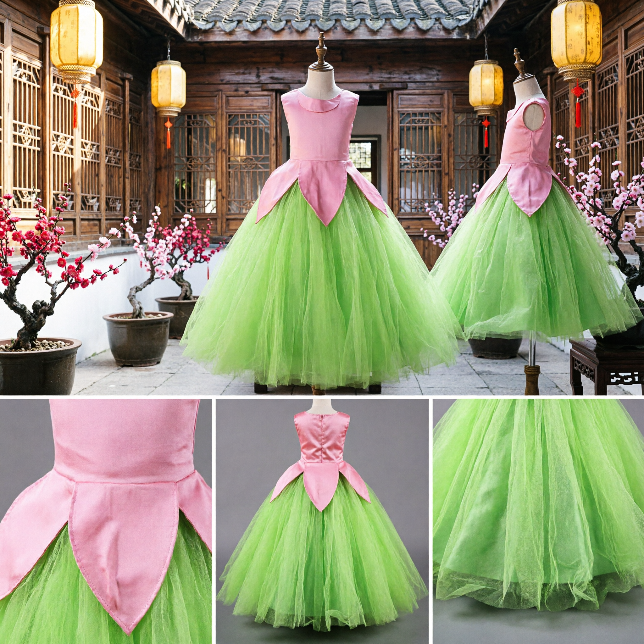 Girls Green Tulip Flower Costume Dress Pink Bodice Tulle Skirt for Halloween Stage Performance - Asian Costume