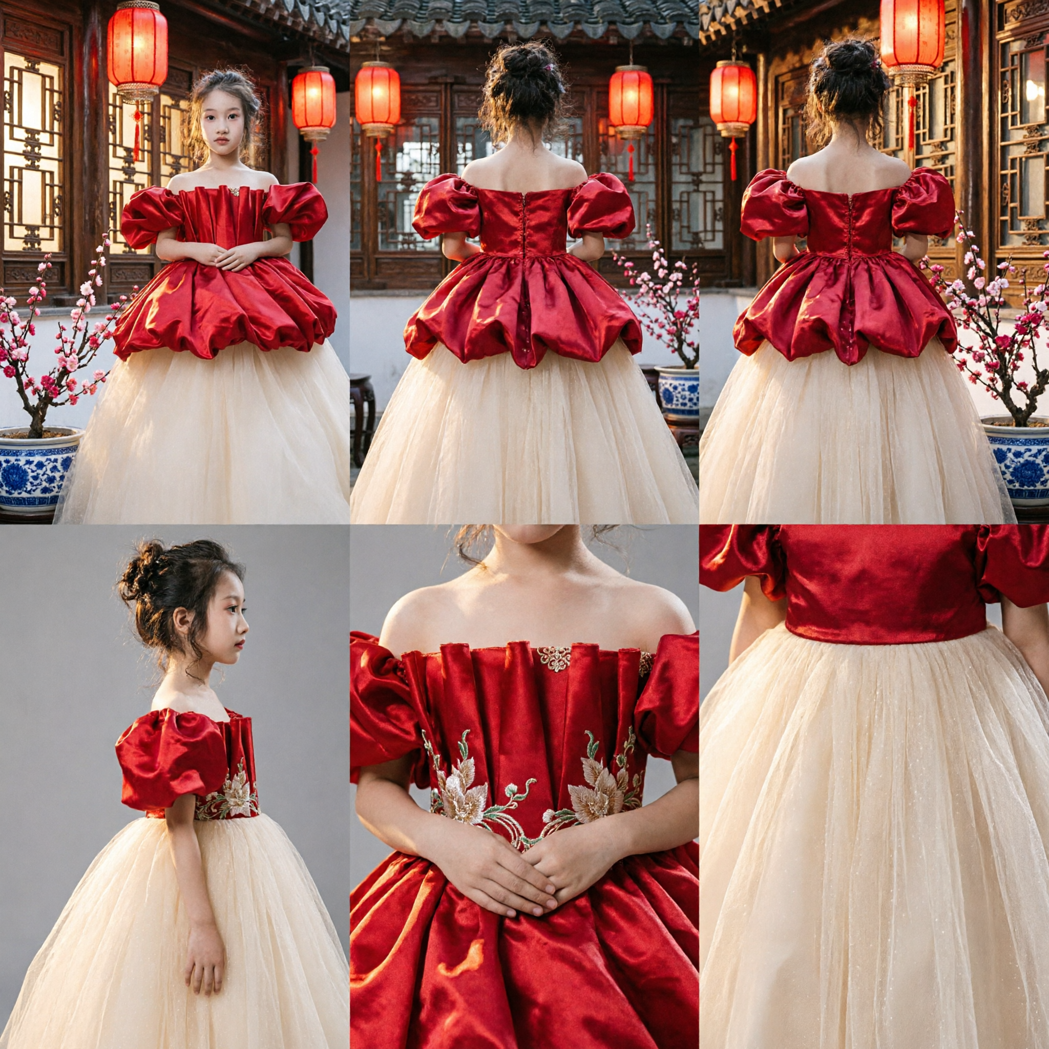 Luxury Red Off-Shoulder Puffy Sleeve Ballgown with Cream Tulle Skirt for Girls Wedding Pageant Formal Dress - Asian Costume