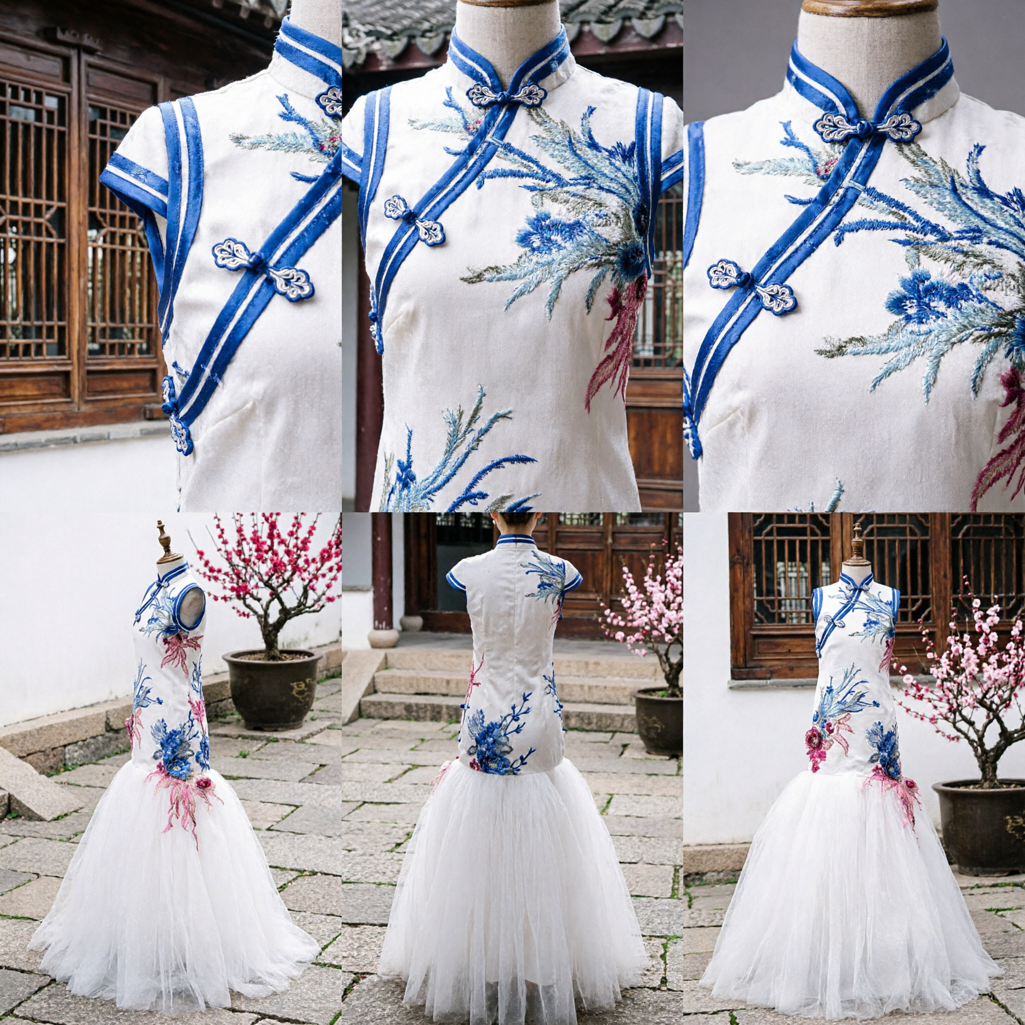 Elegant White Chinese Qipao Wedding Dress with Blue Floral Embroidery and Tulle Mermaid Skirt for Brides and Formal Banquets - Asian Costume