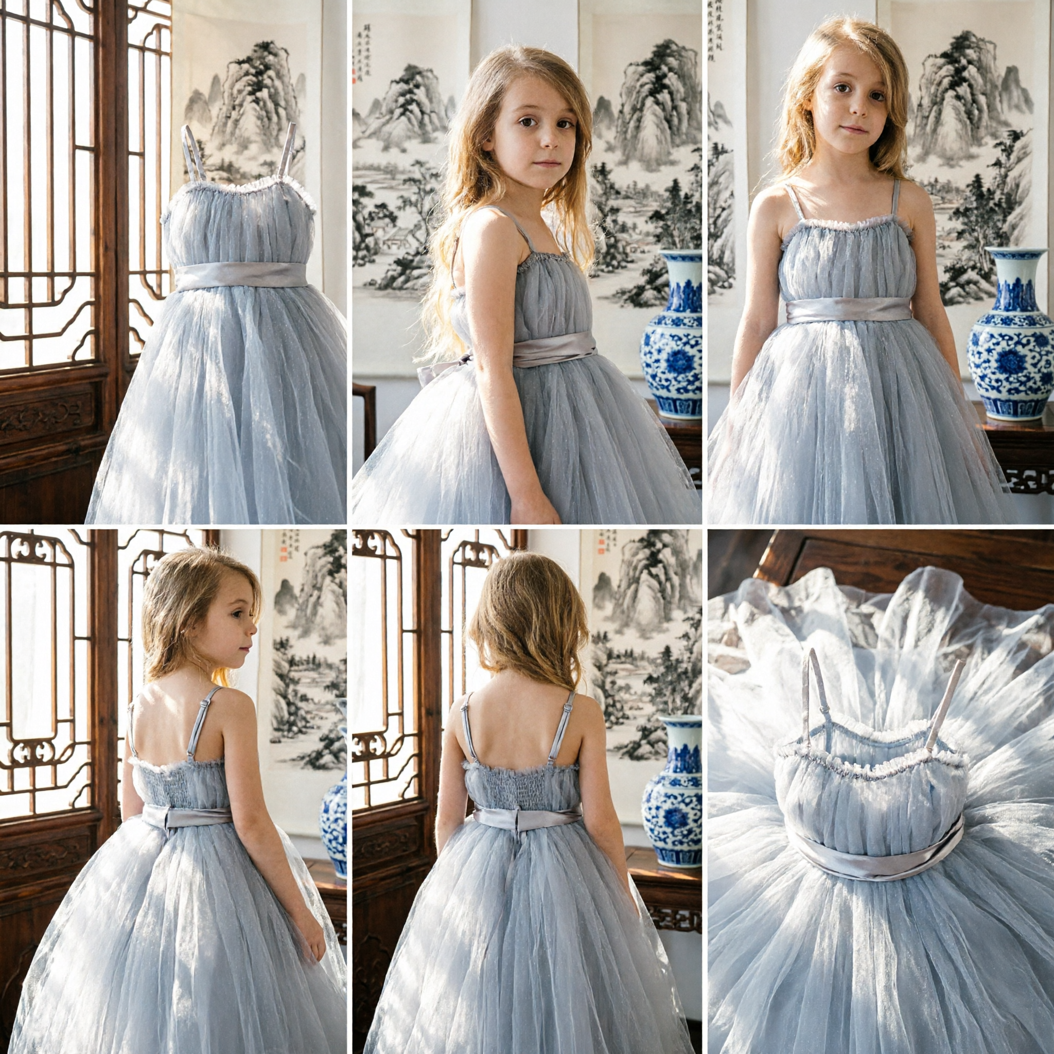 Elegant Girls Silver Grey Tulle Ballgown Formal Dress for Flower Girl Wedding Party Pageant - Asian Costume