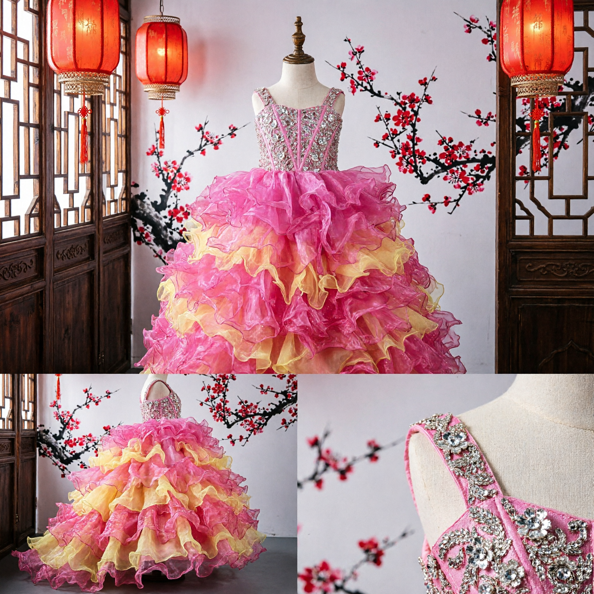 Kids Girls Pink and Yellow Ruffled Sequin Ball Gown Princess Dress for Stage Performance Wedding - Asian Costume