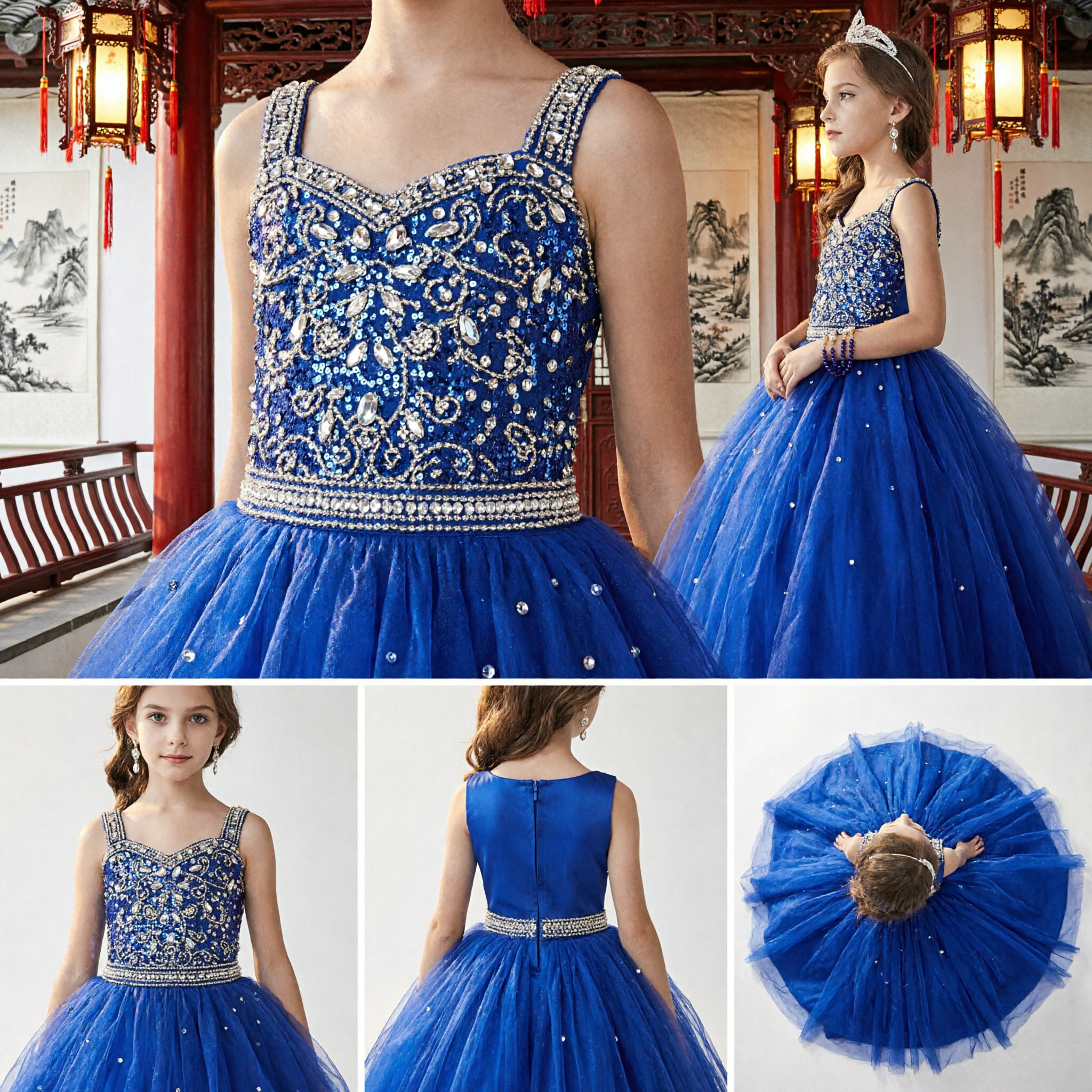 Royal Blue Flower Girl Dress Beaded Bodice Tulle Ballgown for Kids Wedding Pageant Party - Asian Costume