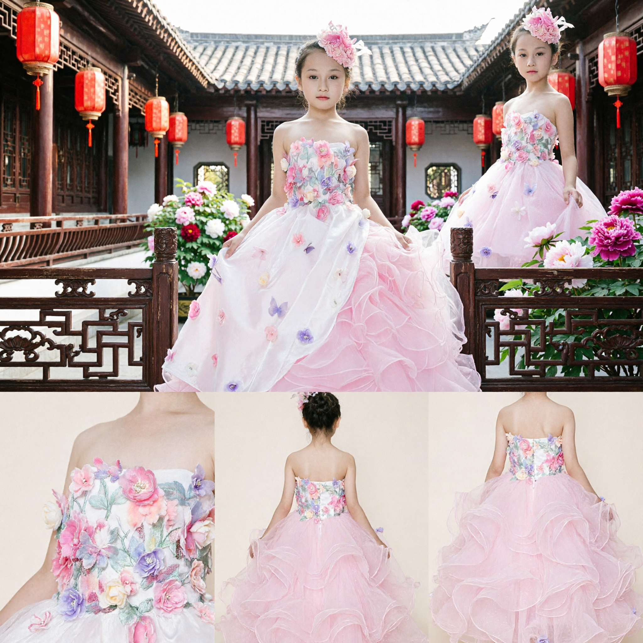 Girls Elegant Floral Strapless Ball Gown Pink Ruffle Tulle Flower Girl Dress for Wedding Pageant - Asian Costume