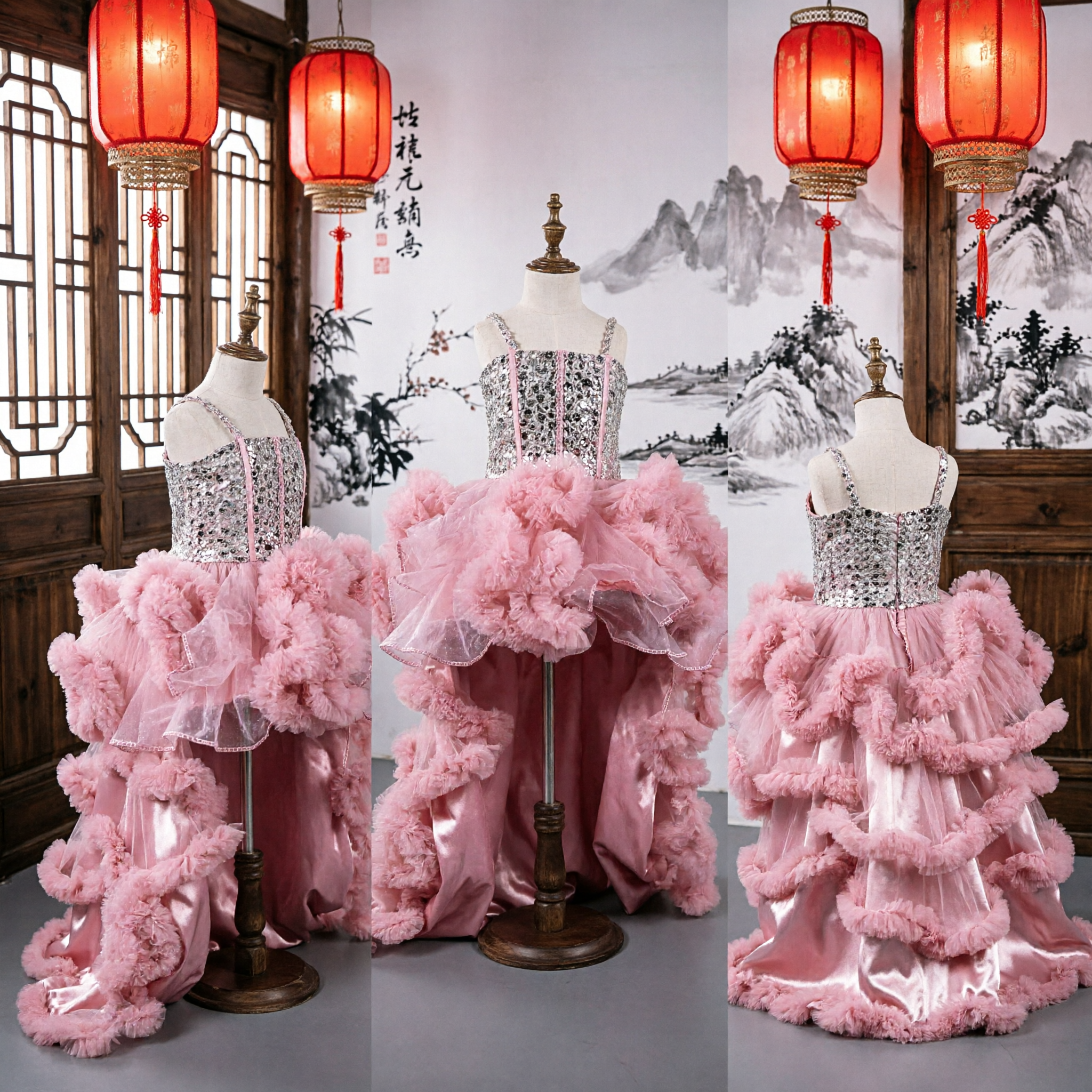 Girls Pink Sequined Bodice Ruffled Tulle Ball Gown for Flower Girl Wedding and Pageant Performance - Asian Costume