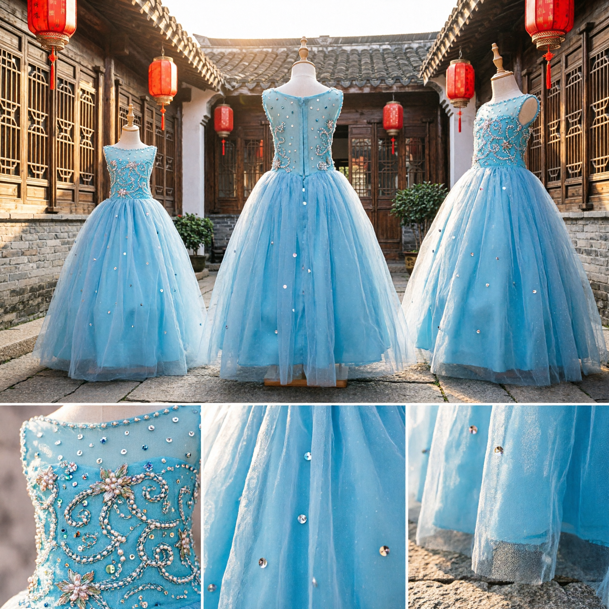 Elegant Light Blue Sequined Tulle Ball Gown Formal Dress for Girls Flower Girl Pageant Party Wear - Asian Costume