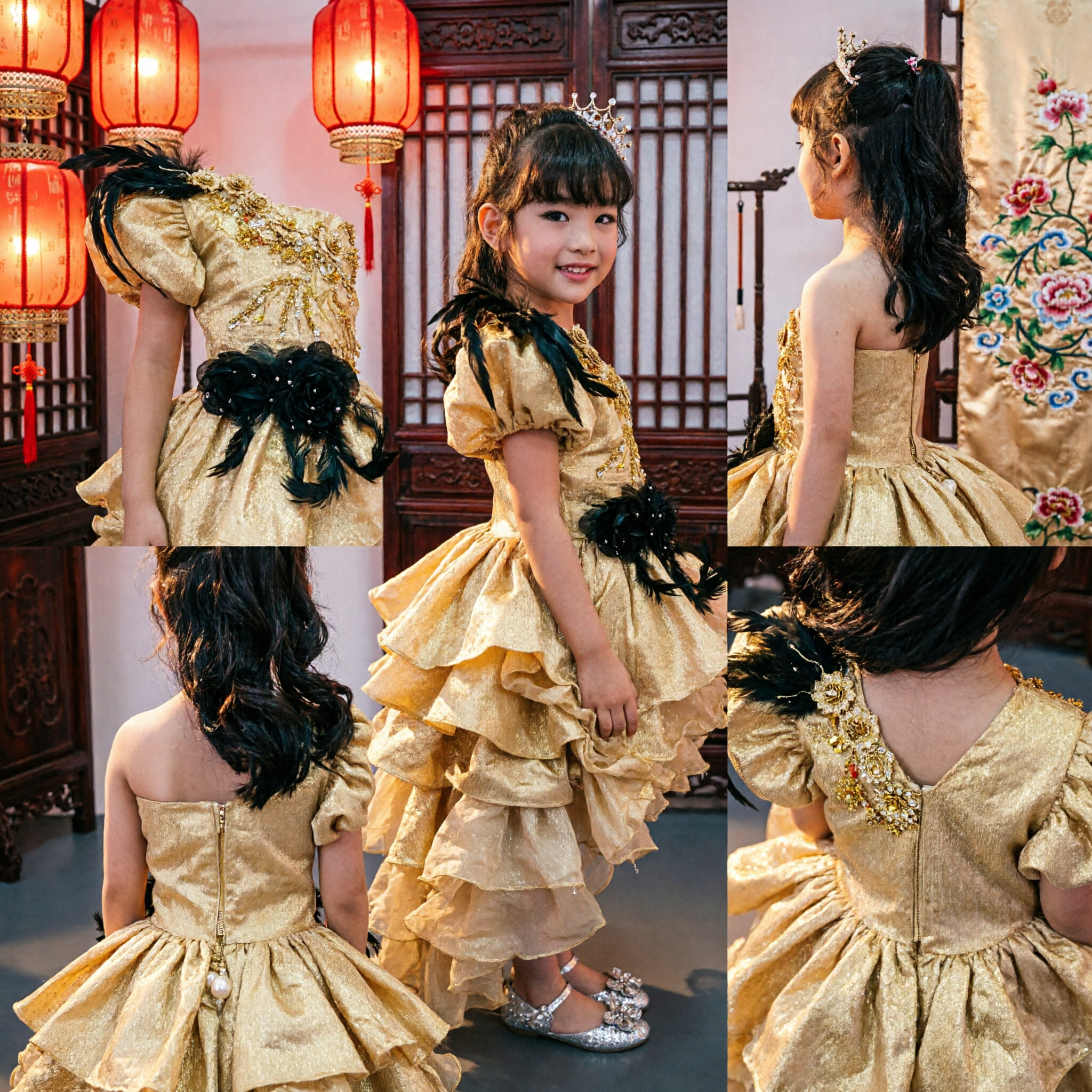 Girls Gold Sequin One Shoulder Performance Dress with Black Feather Detail for Stage Host and Pageant - Asian Costume