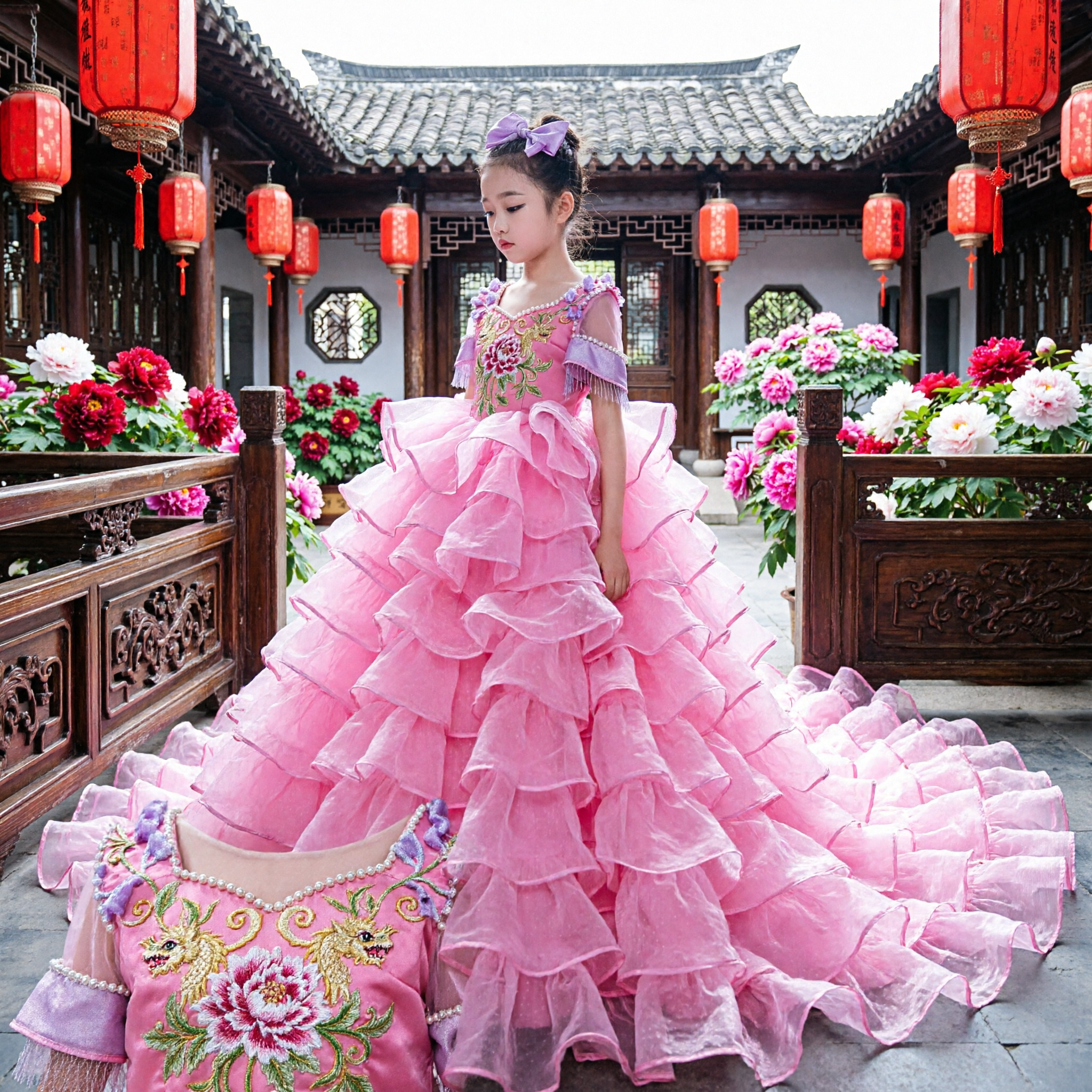 Girls Pink Ruffled Ballgown Dress for Stage Performance Pageant Wedding Flower Girl Long Train - Asian Costume