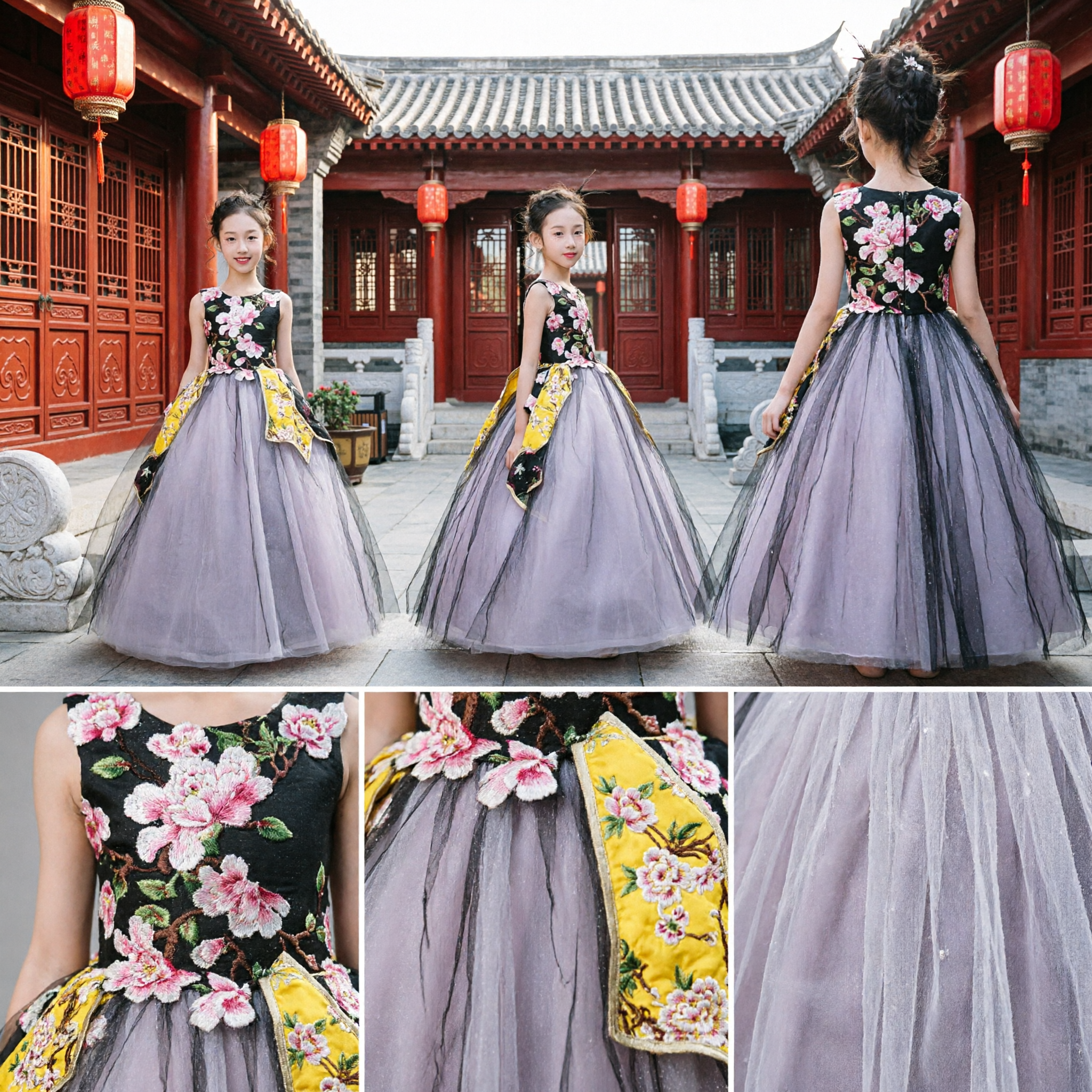 Kids Girls Chinese Traditional Hanfu Ballgown Floral Embroidery Purple Tulle Skirt for Stage Performance Wedding - Asian Costume
