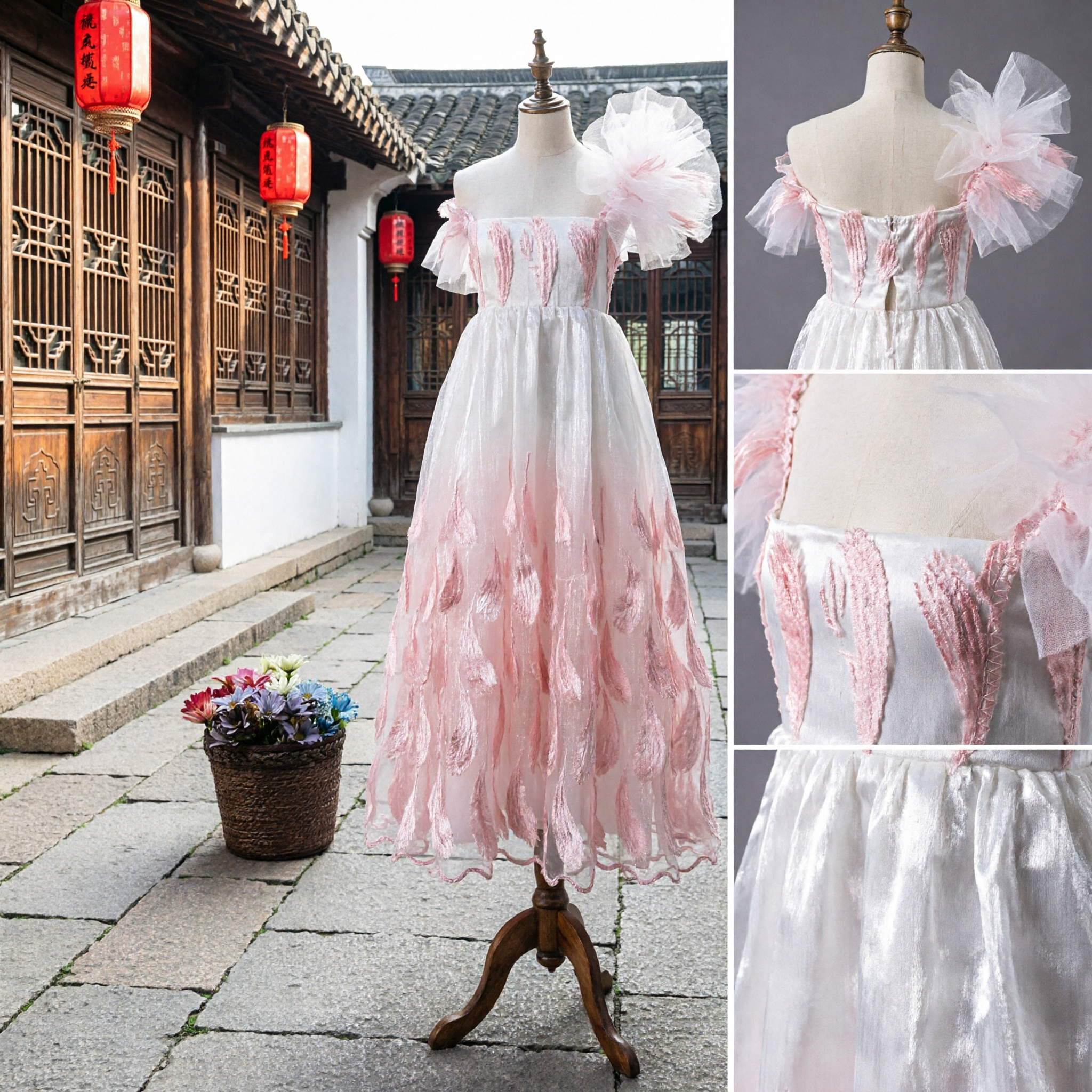 Women's Chinese Traditional Dance Costume White and Pink Peacock Feather Dress for Stage Performance - Asian Costume