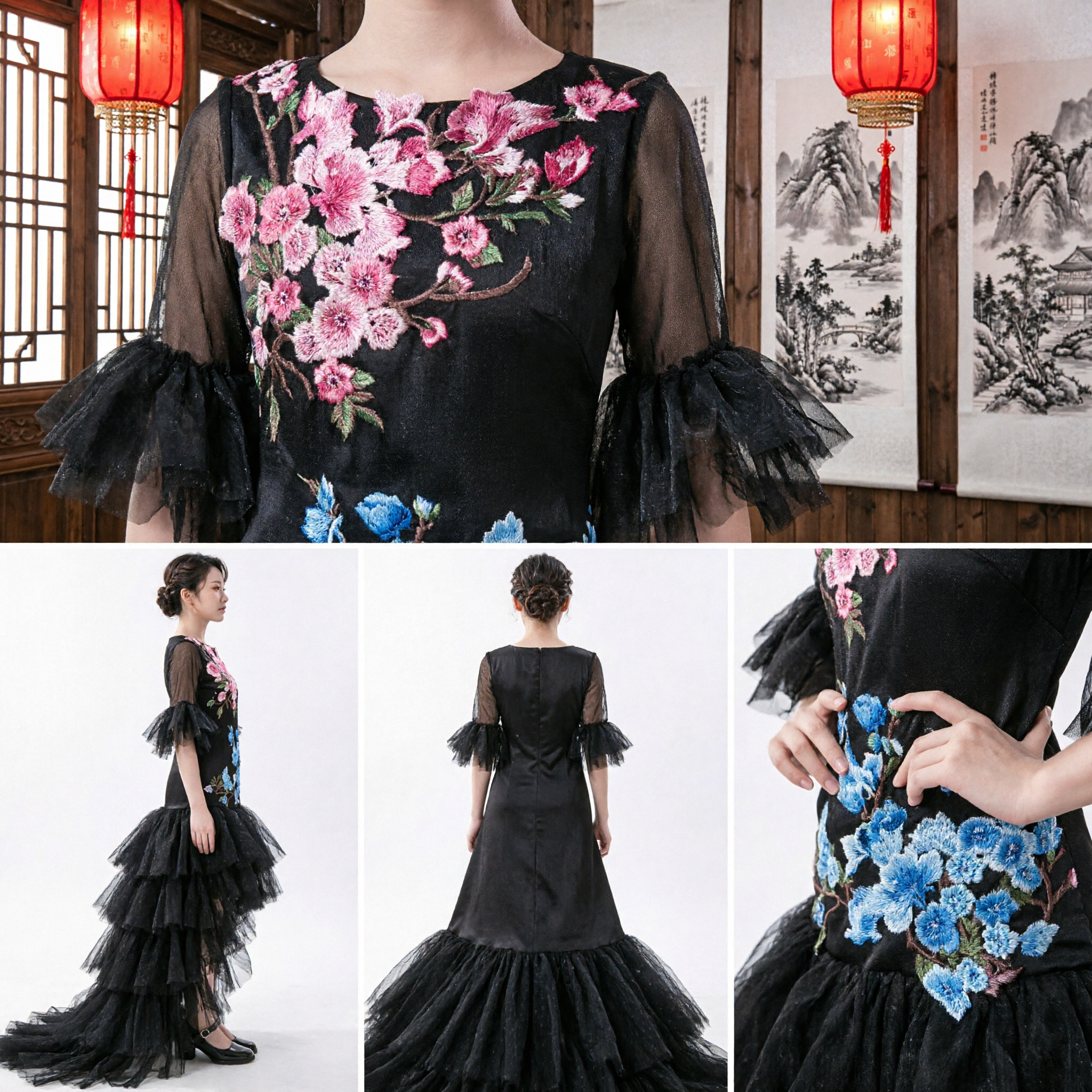 Black Floral Embroidery Chinese Traditional Dance Costume for Girls Stage Performance Dress with Tulle Skirt - Asian Costume