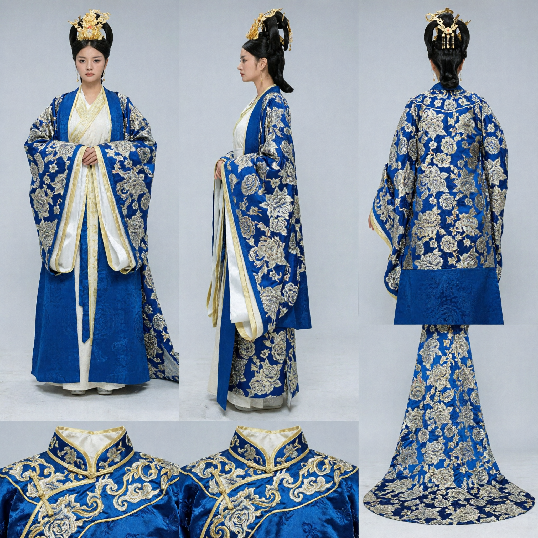 Royal Blue Chinese Tang Dynasty Empress Hanfu Costume Gold Embroidery Ancient Dress for Women Cosplay - Asian Costume