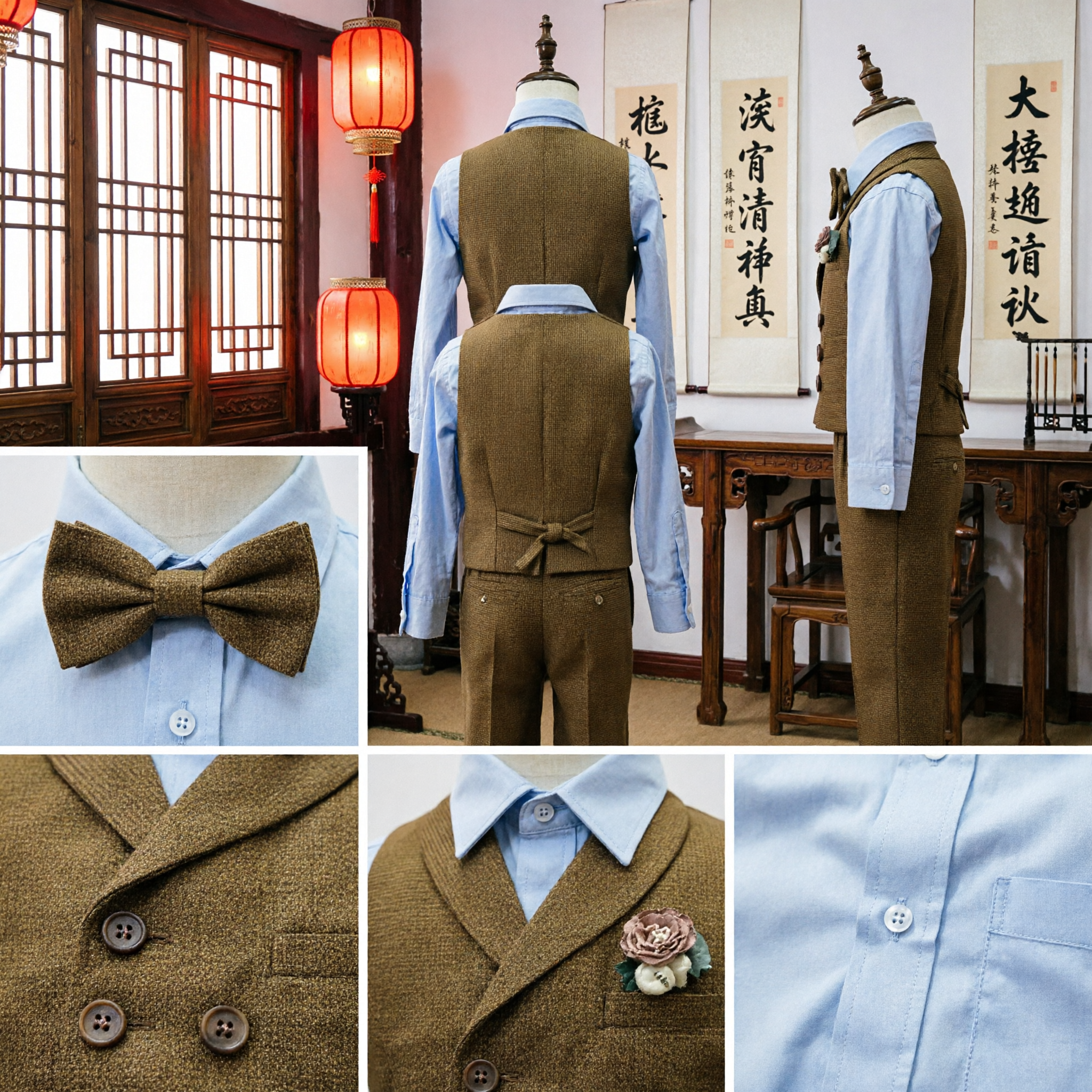 Boys Classic Brown Double-Breasted Vest Suit Set with Bow Tie for Wedding Ring Bearer Parties - Asian Costume
