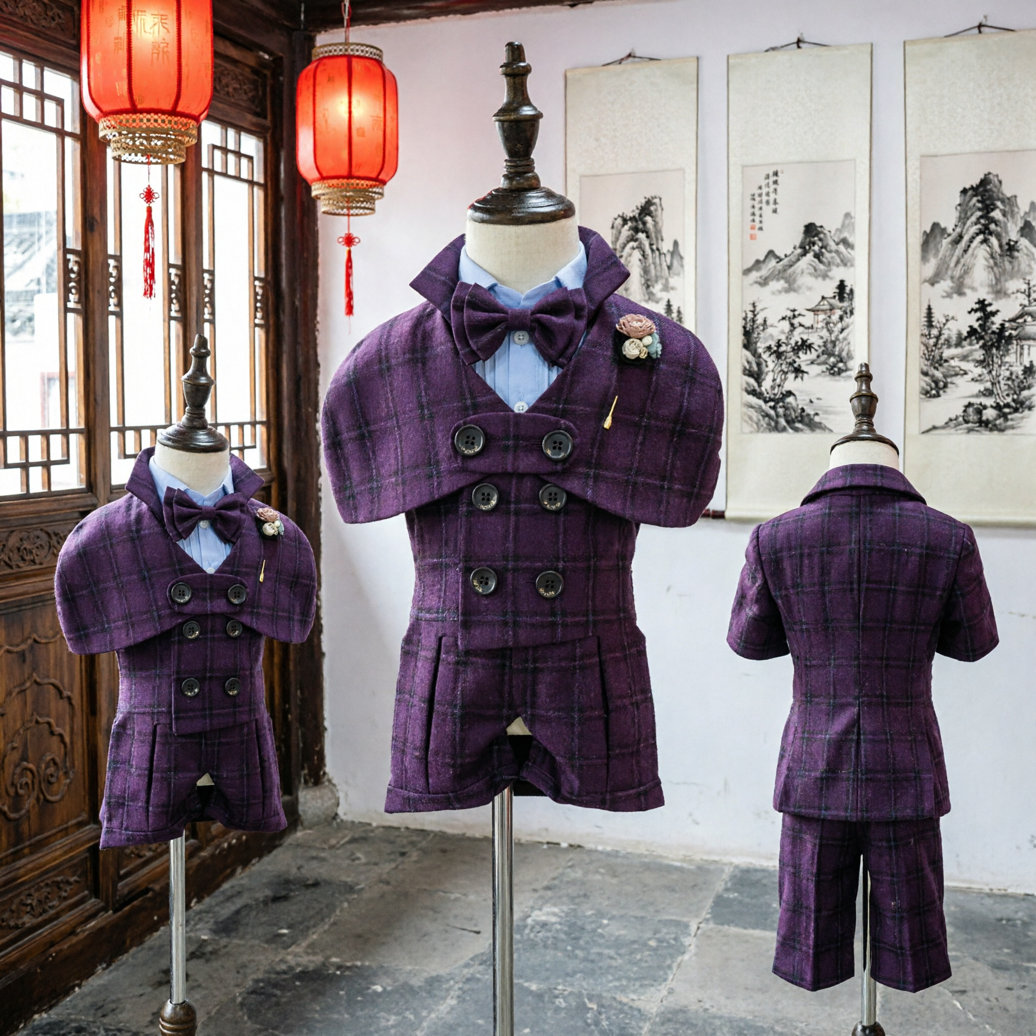 Purple Plaid Baby Boy Formal Tuxedo Suit Set with Bow Tie for Wedding Party Gentleman Outfit - Asian Costume