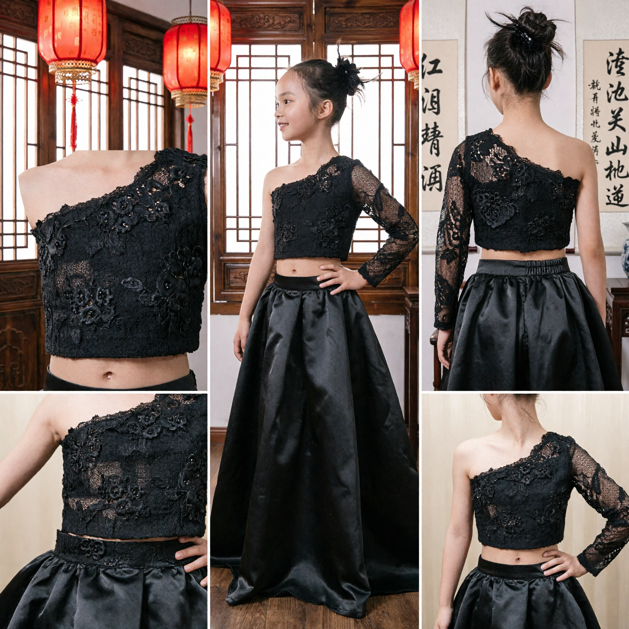 Black One-Shoulder Floral Embroidery Two-Piece Dance Dress for Girls Latin Ballroom Stage Performance Costume - Asian Costume