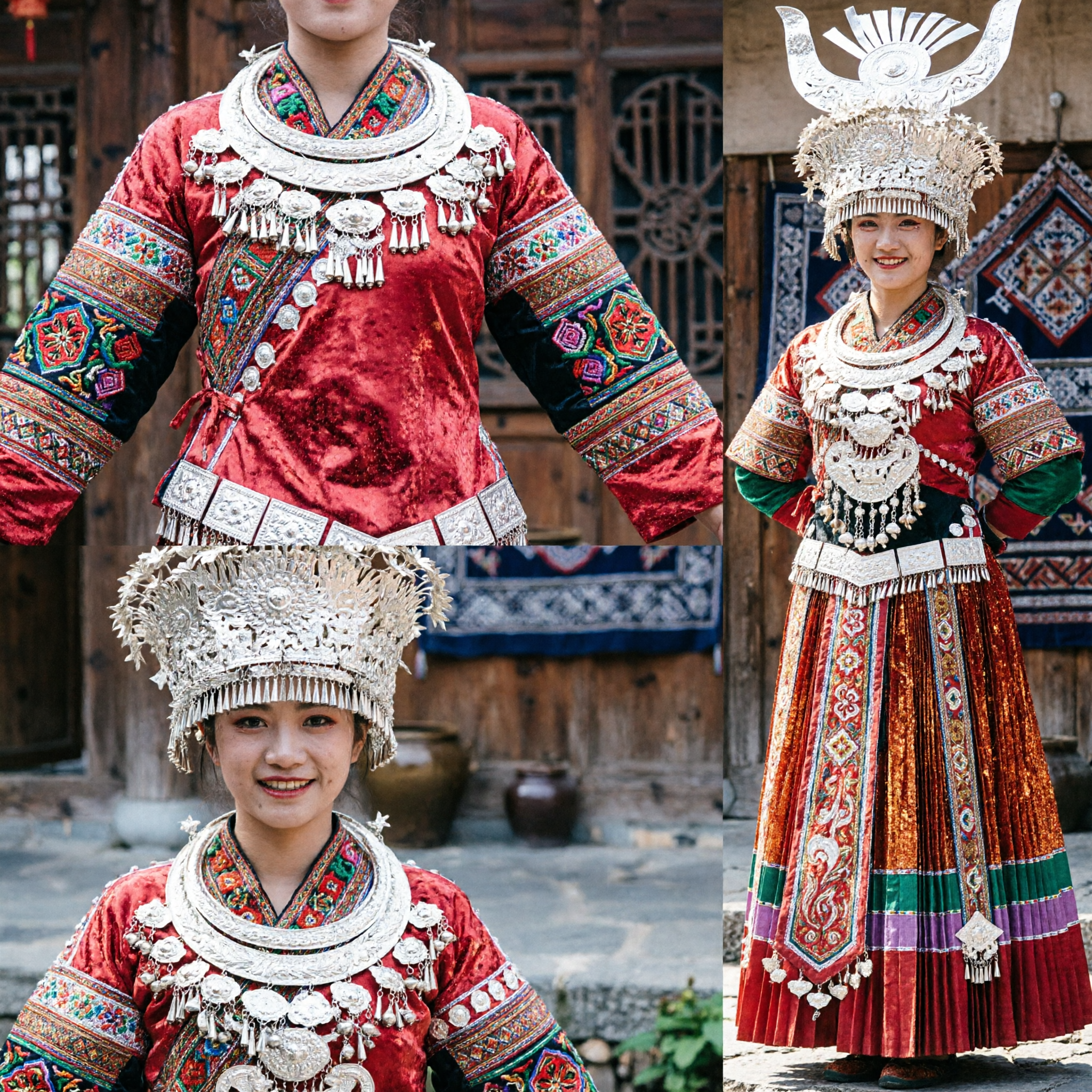 Traditional Chinese Miao Hmong Folk Dance Costume Pink Embroidered Dress with Silver Headdress for Stage Performance - Asian Costume